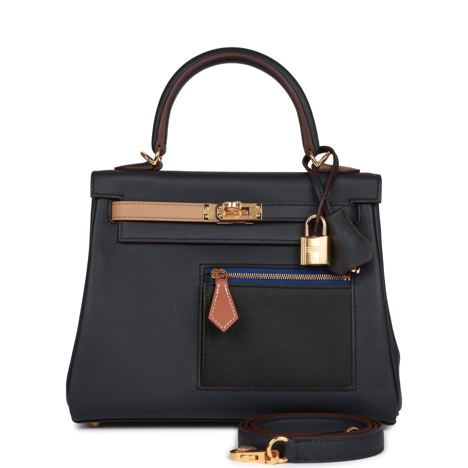 HERMES Colormatic Kelly Retourne 25 Caban, Black and Chai Swift Gold Hardware