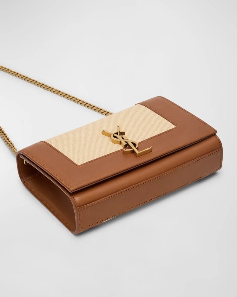 Saint Laurent Kate Small YSL Wallet on Chain in Linen and Leather
