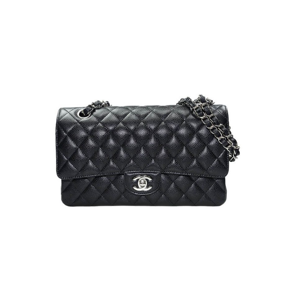 CHANEL CLASSIC HANDBAG Grained Calfskin & Silver Metal
