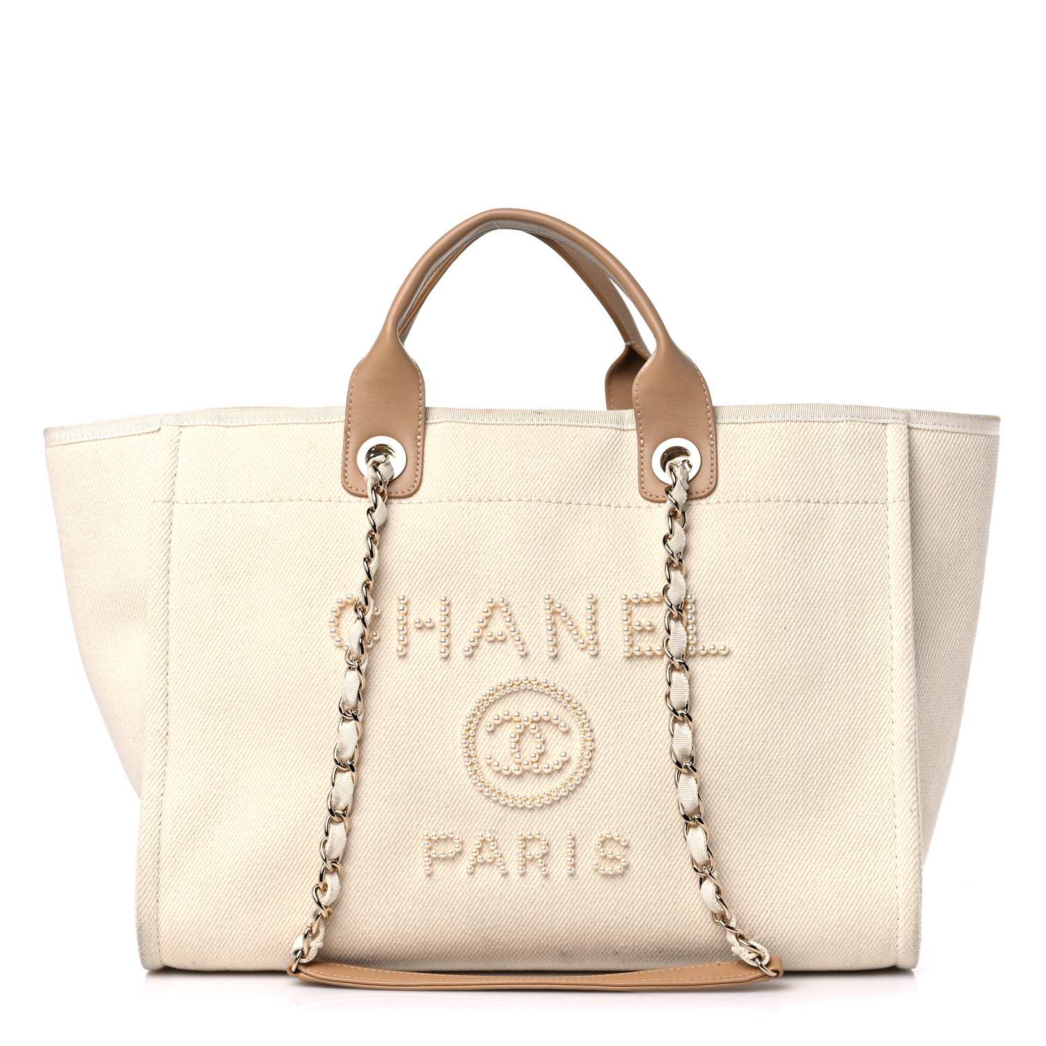 CHANEL Canvas Pearl Large Deauville Tote Ecru Beige