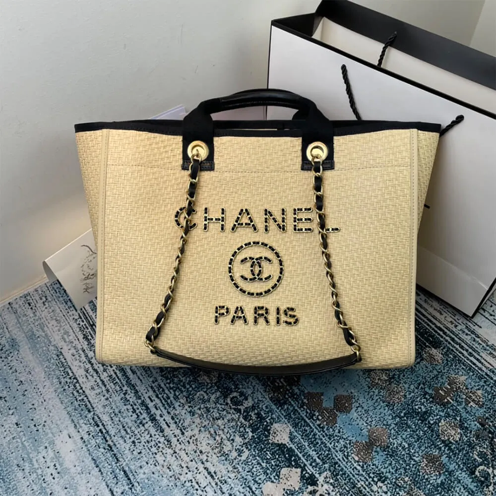 CHANEL Deauville Tote Woven Chain Leather Logo 21S