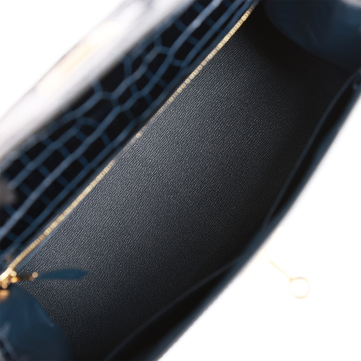 HERMES Kelly Sellier 28 Bleu Baltique Shiny Porosus Crocodile Gold Hardware