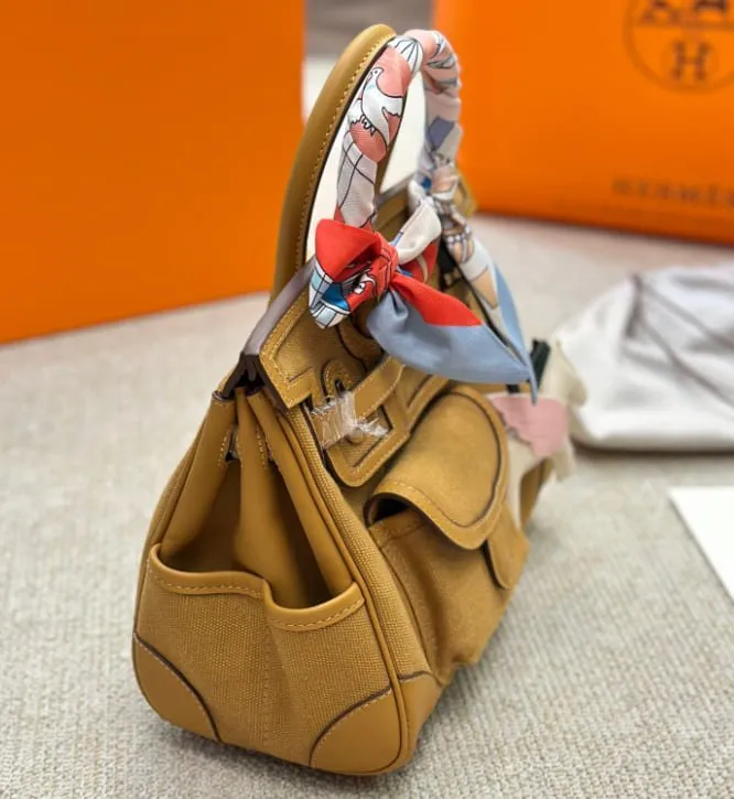 HERMÈS BIRKIN CARGO 25 HANDBAG IN SESAME SWIFT LEATHER AND CANVAS WITH PALLADIUM HARDWARE