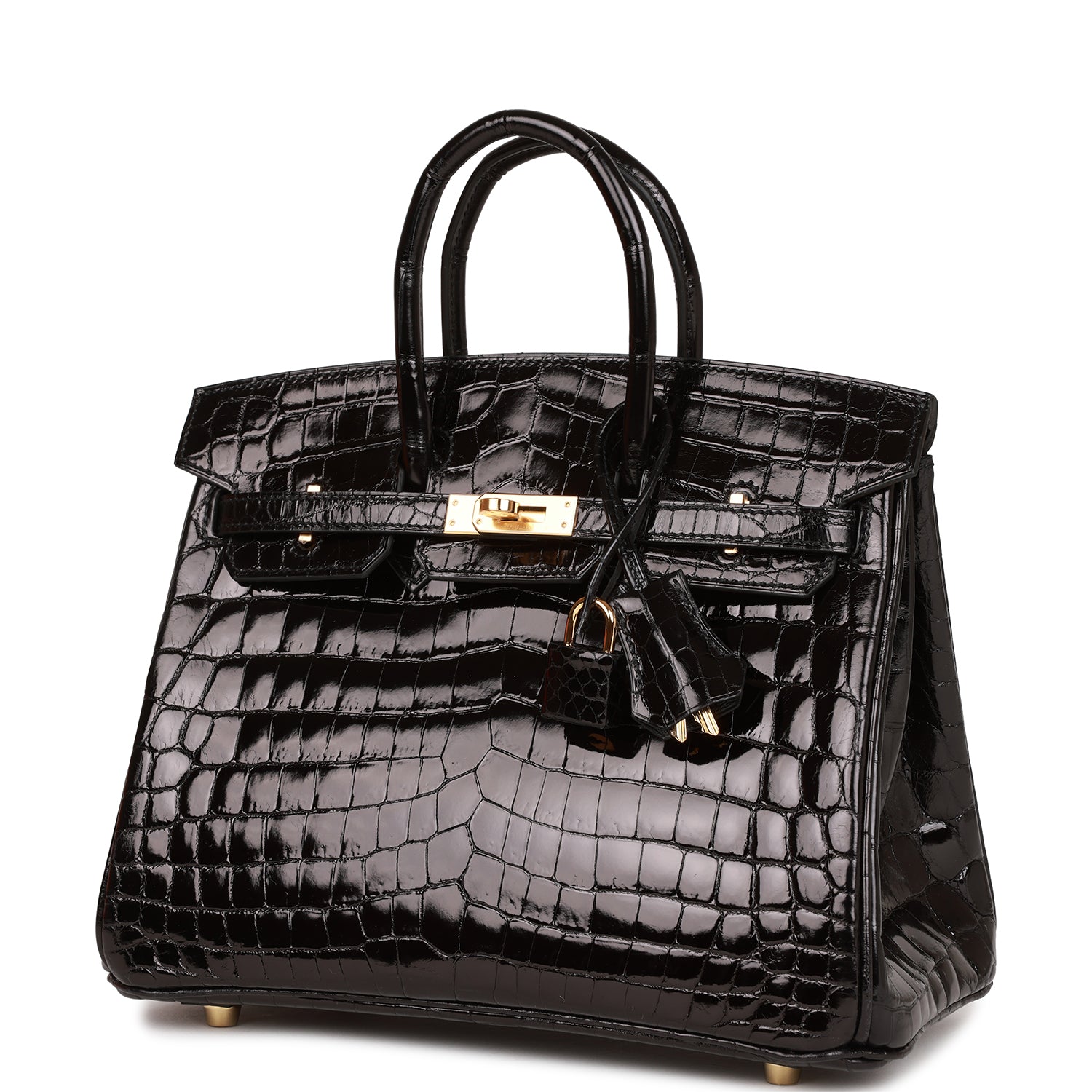 HERMES Birkin 25 Black Shiny Niloticus Crocodile Gold Hardware