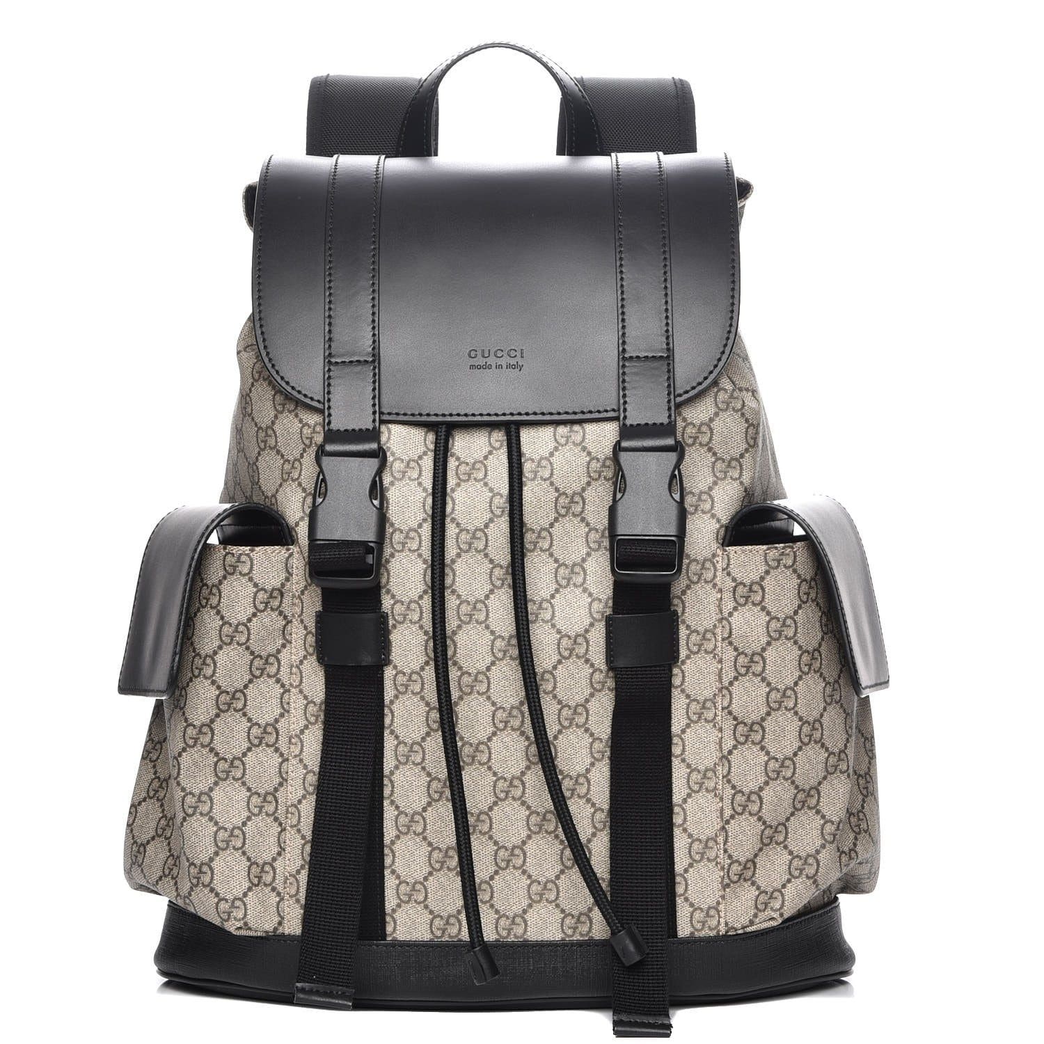 GUCCI Supreme Monogram Double Buckle Backpack Beige Black