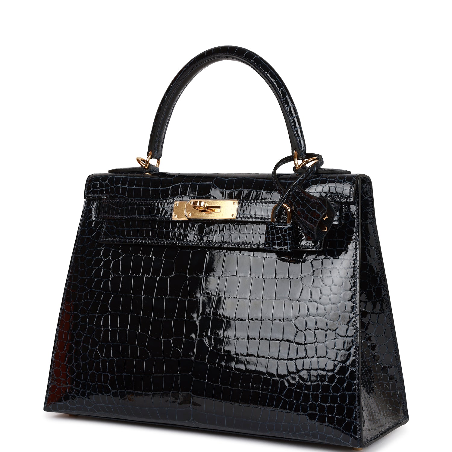 HERMES Kelly Sellier 28 Bleu Baltique Shiny Porosus Crocodile Gold Hardware