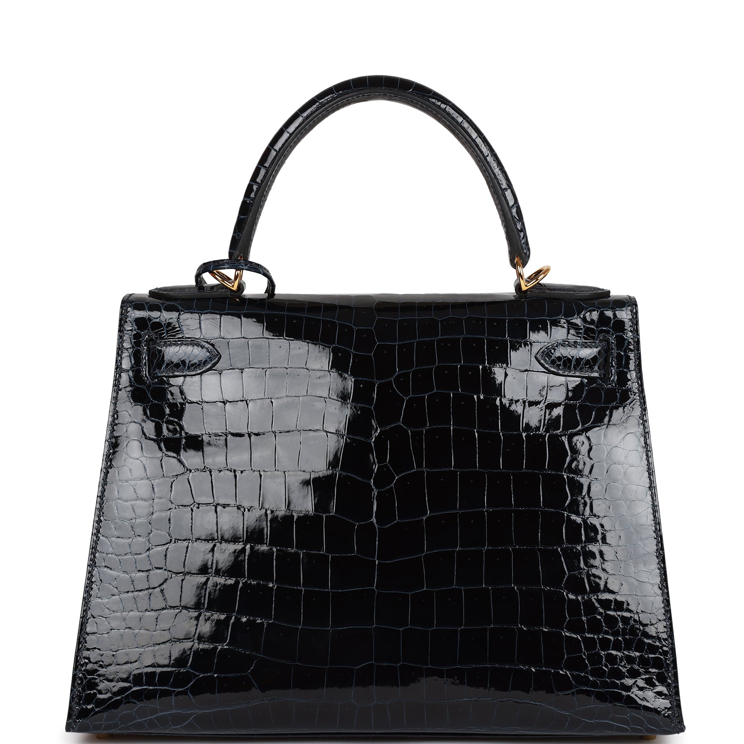 HERMES Kelly Sellier 28 Bleu Baltique Shiny Porosus Crocodile Gold Hardware