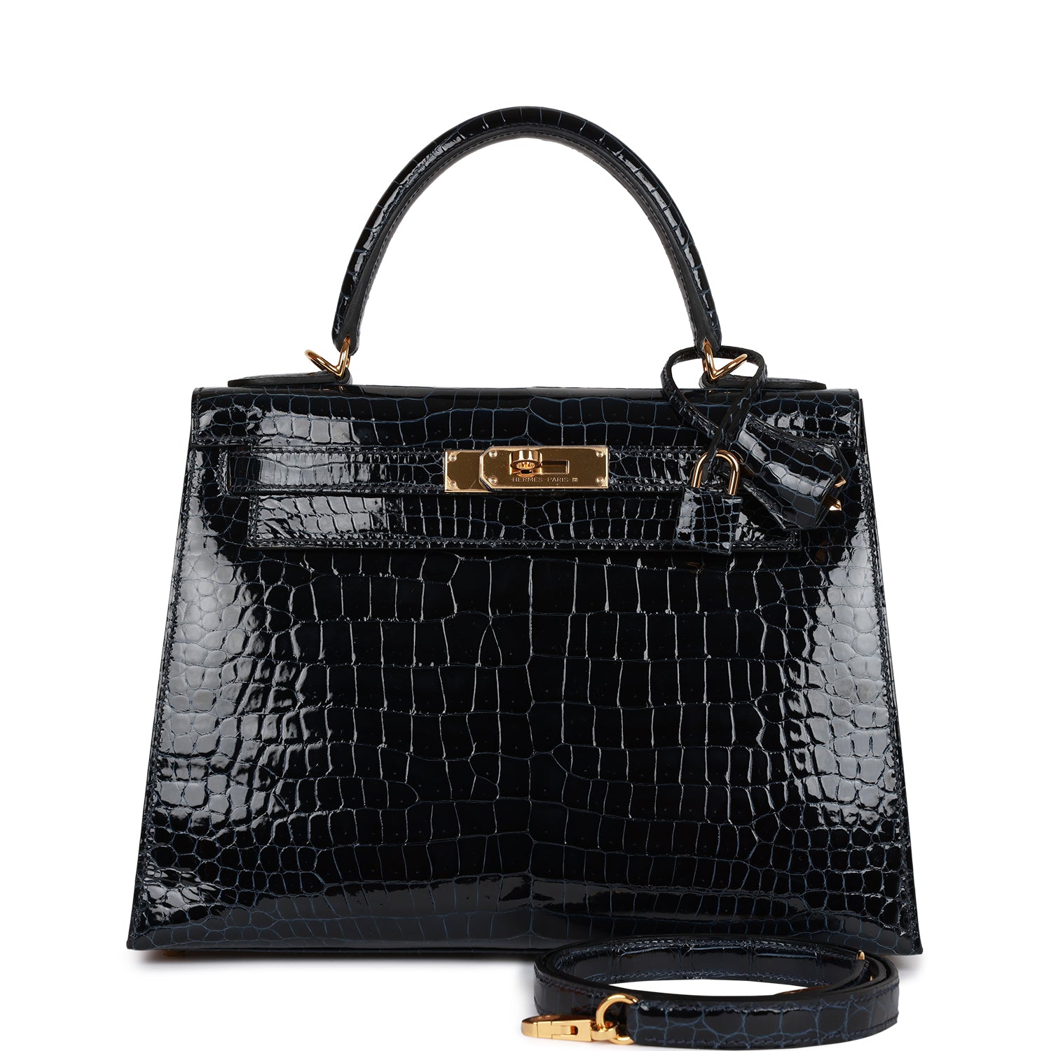 HERMES Kelly Sellier 28 Bleu Baltique Shiny Porosus Crocodile Gold Hardware