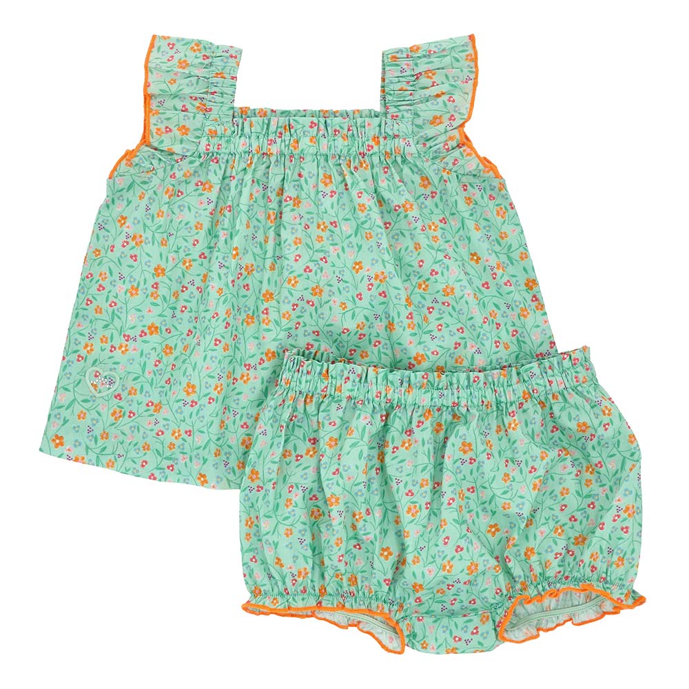 Flounce sleeve floral baby blouse and bloomer set