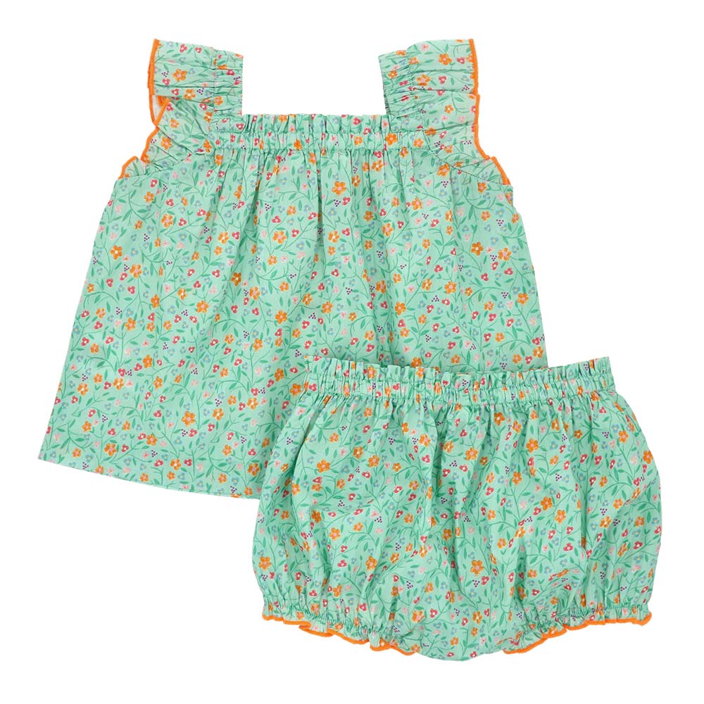 Flounce sleeve floral baby blouse and bloomer set
