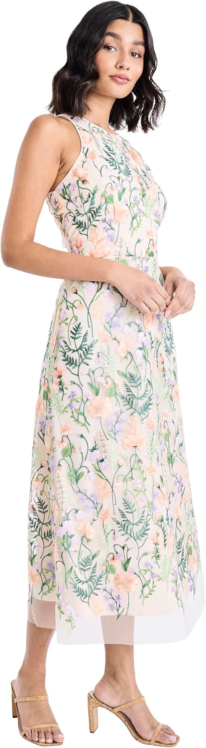 Maggy London Women's Dresses Floral Embroidered Halter Neck Midi Dress with Back V-Neck