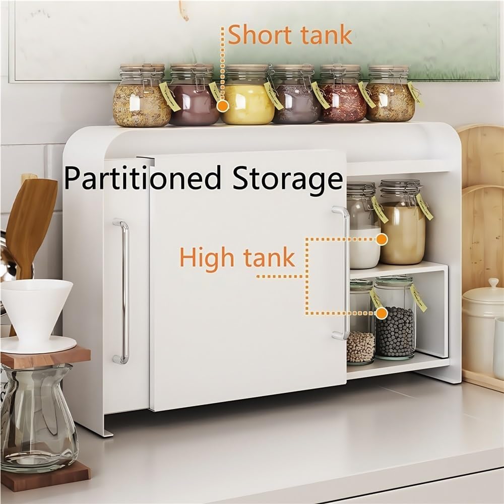 Cup Storage Cabinet, Kitchen Spice Rack with Sliding Door, 2 Tier Storage Rack Organizer for Dining Rooms, Tea Corners, Living Rooms or Offices