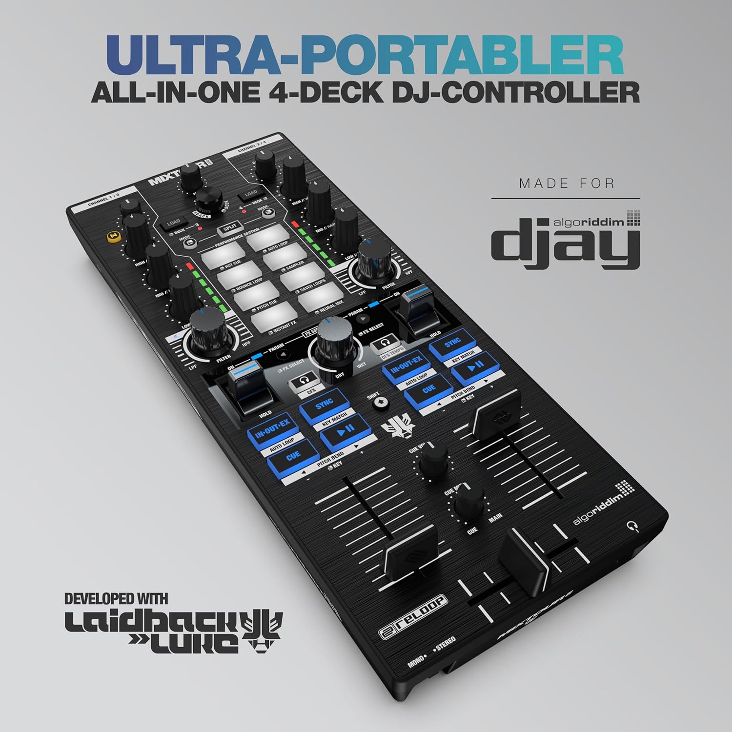 Reloop Mixtour Pro High-quality, ultra-portable, all-in-one four-deck DJ controller with audio interface