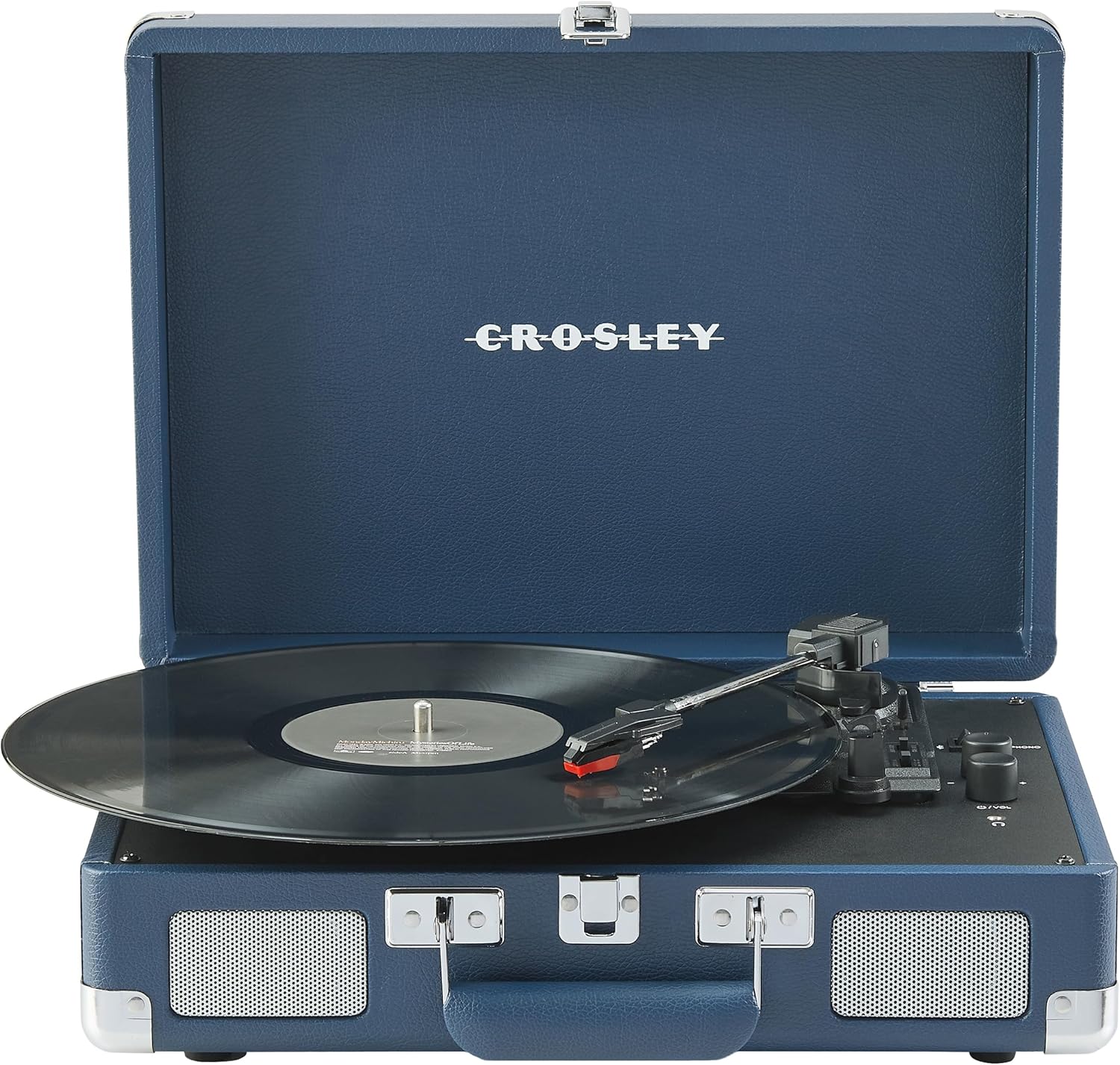 Crosley CR8005F-IB Cruiser Plus Vintage 3-Speed Bluetooth in/Out Suitcase Vinyl Record Player Turntable with Built-in Speakers, Ink Blue