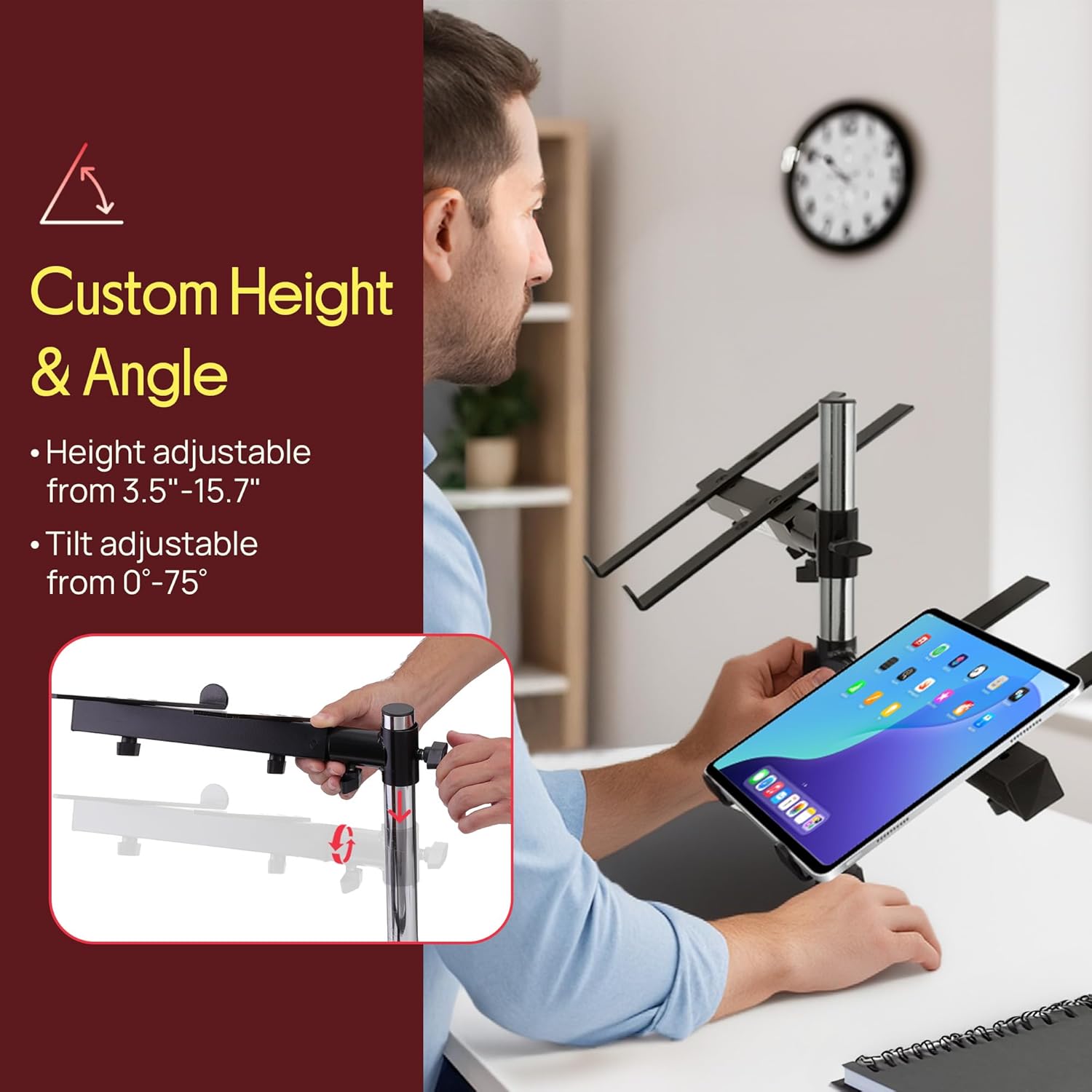 Pyle Portable Dual Laptop Stand – Standing Table Holder with Bracket Arms,Adjustable Height,Ergonomic Design, 360° Swivel for DJ Mixer,Sound Equipment,Workstation,Gaming & Home Use with Tilt Function