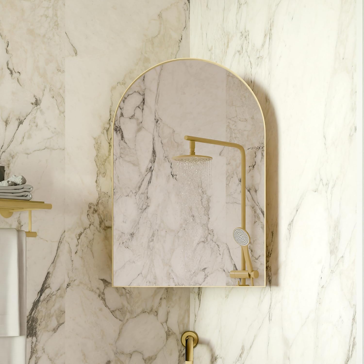 Space-Saving Metal Corner Medicine Cabinet with Arched Mirror & Adjustable Glass Shelves – Wall-Mounted Bathroom Storage Organizer for Small Spaces (Golden)