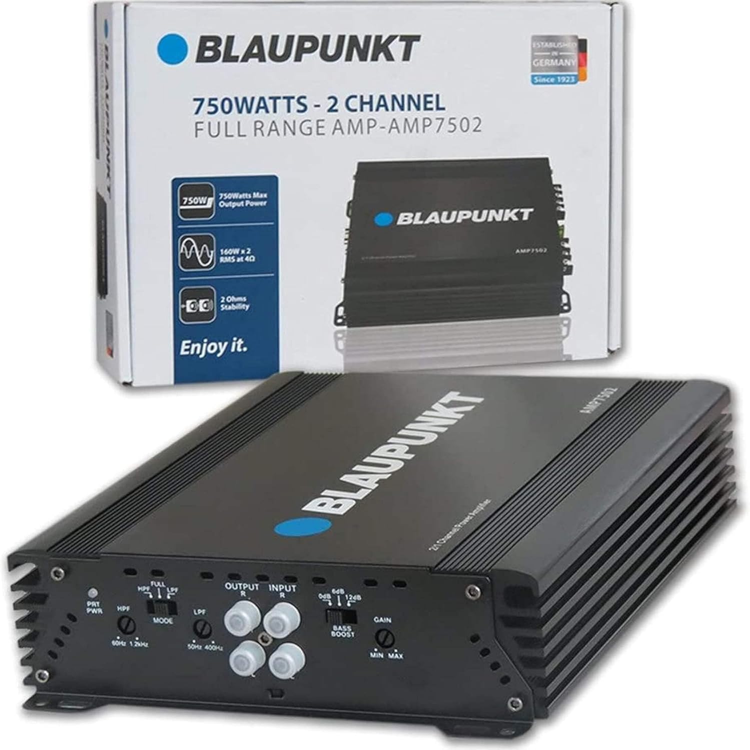 Blaupunkt AMP-7502PRO 750W 2-Channel Amplifier Class AB - Compact Slim Design, Full Range, Crossover, Gain Adjustable