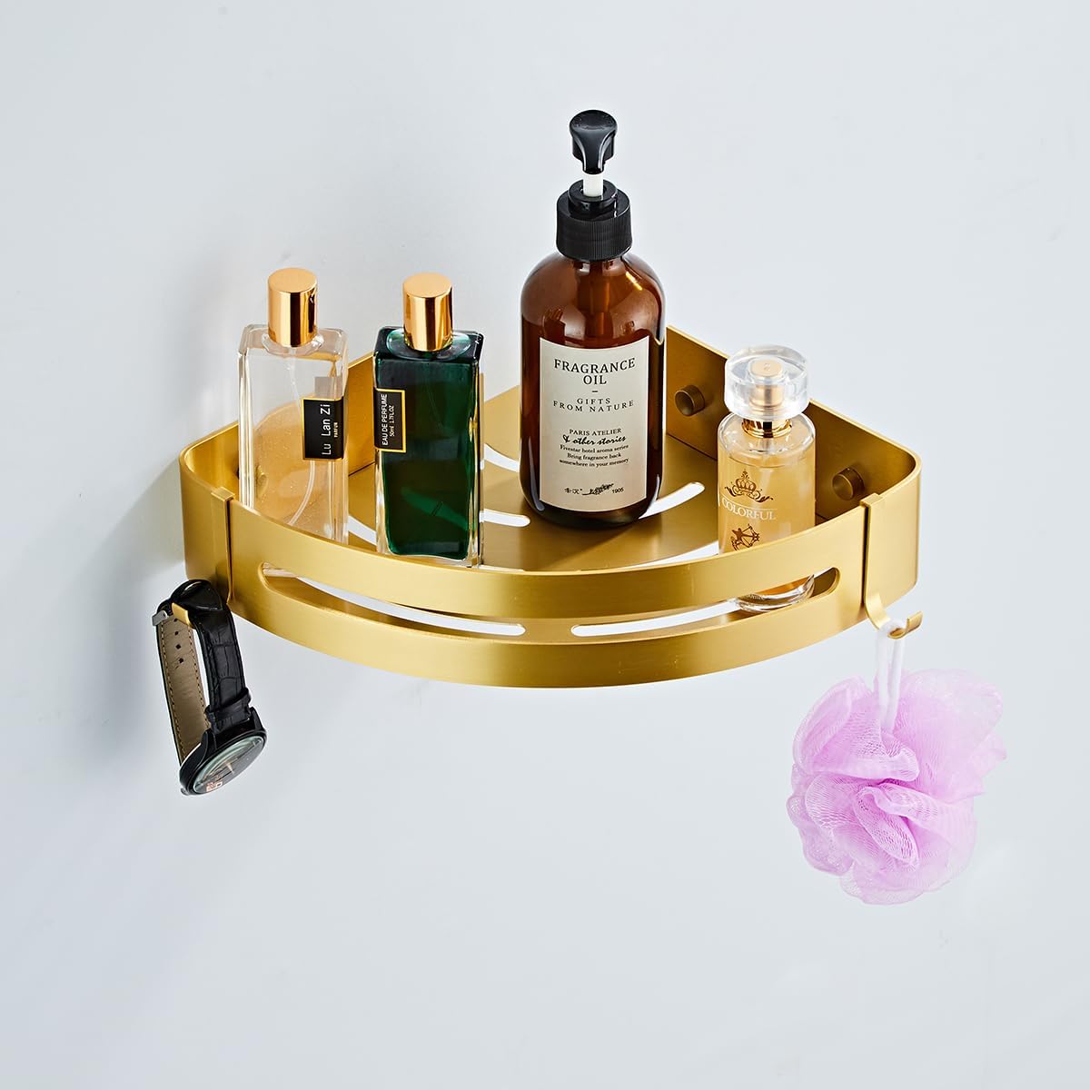Brushed Gold Bathroom Corner Shelves Wall Mount Shower Caddy with Hooks and Shampoo Holder 2 Pack Drilling or Adhesive Installation