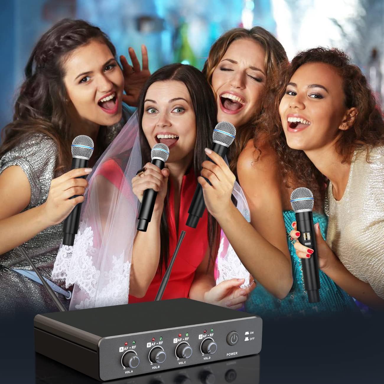 Depusheng R4 Karaoke Wireless Microphones Professional 4 Channels Handheld Wireless Microphone System Metal Dynamic Mic for Karaoke Singing, House Party, Church, Performance
