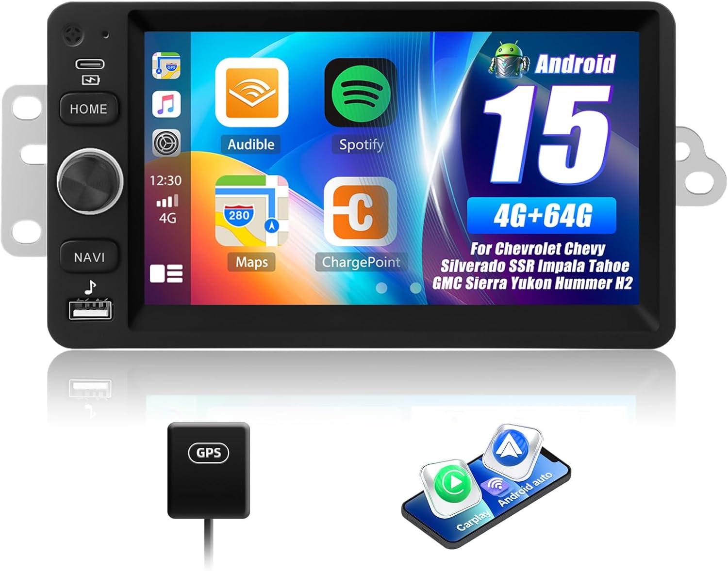 4G+64G Car Stereo for Chevrolet Chevy Silverado SSR Impala Tahoe GMC Sierra Yukon Hummer H2 7 Inch Touchscreen Android Car Radio with Wireless Carplay Android Auto GPS Navigation WiFi