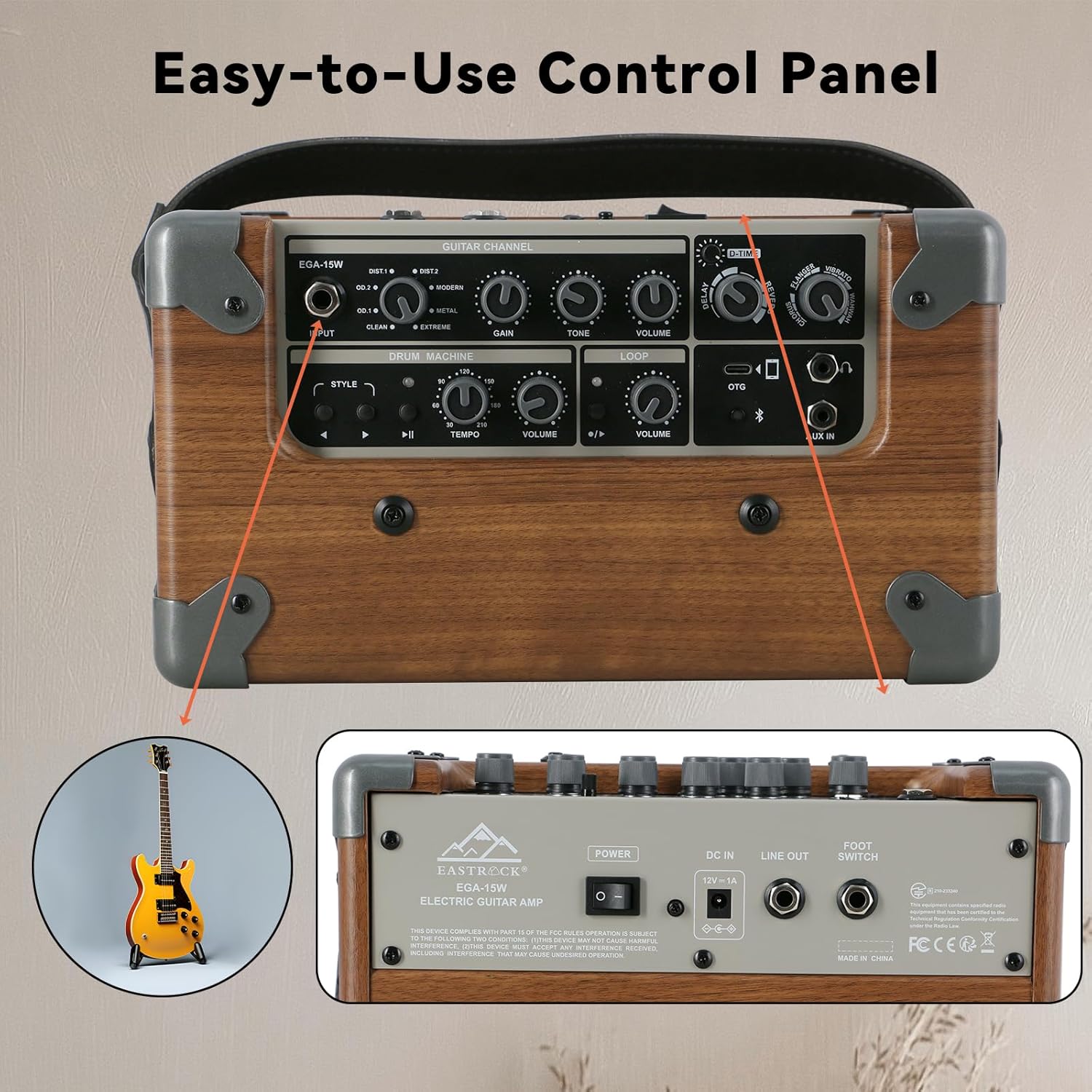 EASTROCK 15W Electric Guitar Amp, EGA-15W Portable Guitar Amplifier with Bluetooth, Built-in Looper & Drum Machine Speaker, AUX/OTG/Headphone, 8 Voices, FX Effects-Wood