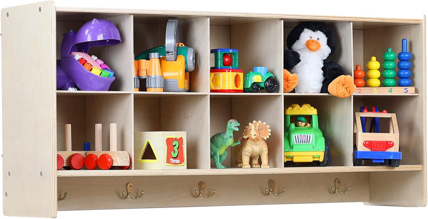 Cubby Storage Organizer Cubes, 10 Cubbies with Coat Hooks, Hanging Wall Cubby Shelf for Kids Toys, Daycare, Classroom, 47-inch Width