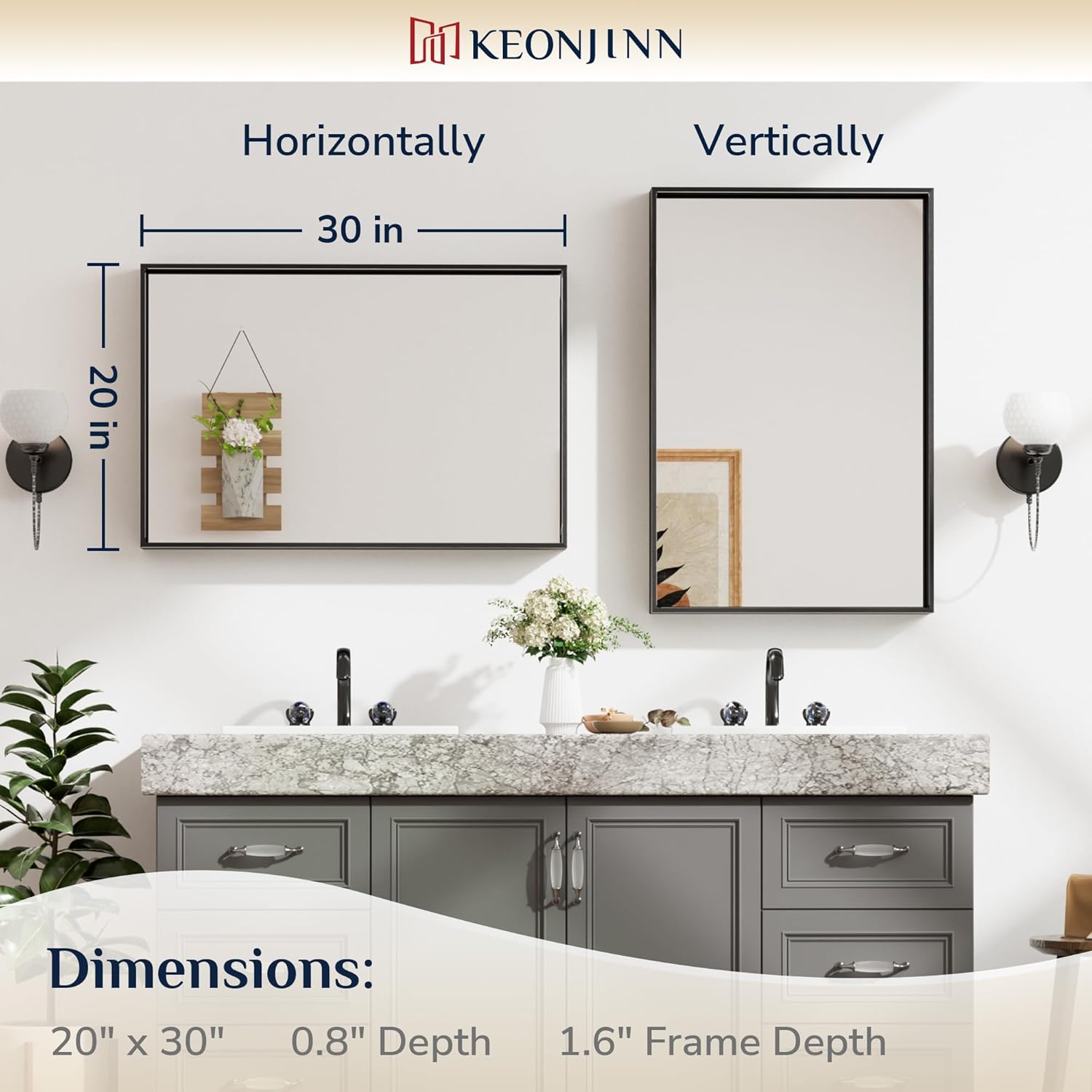 Keonjinn Black Vanity Mirror for Bathroom 20 x 30 Inch, Brushed Framed Rectangle Mirror, Wall Mount Mirrors Square Corner, Modern Farmhouse Bathroom Mirrors for Over Sink(Horizontal/Vertical)