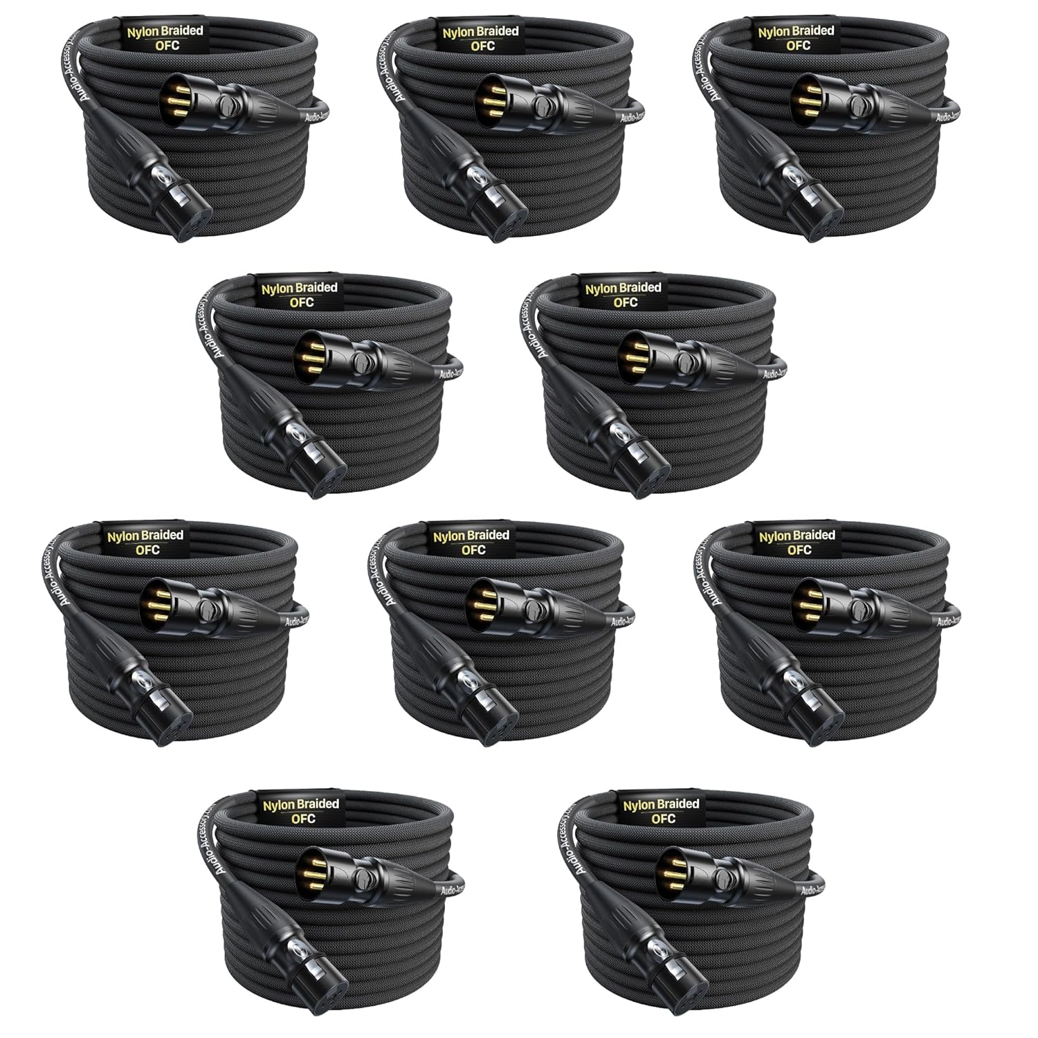 XLR Cables 25ft Bundle 10 Pack, 20 AWG, Professional Gold-Plated Rean Connectors from Neutrik, Kevlar-Reinforced Nylon Braided XLR Microphone Cable, OFC Shielded and Balanced XLR Male to Female Cord