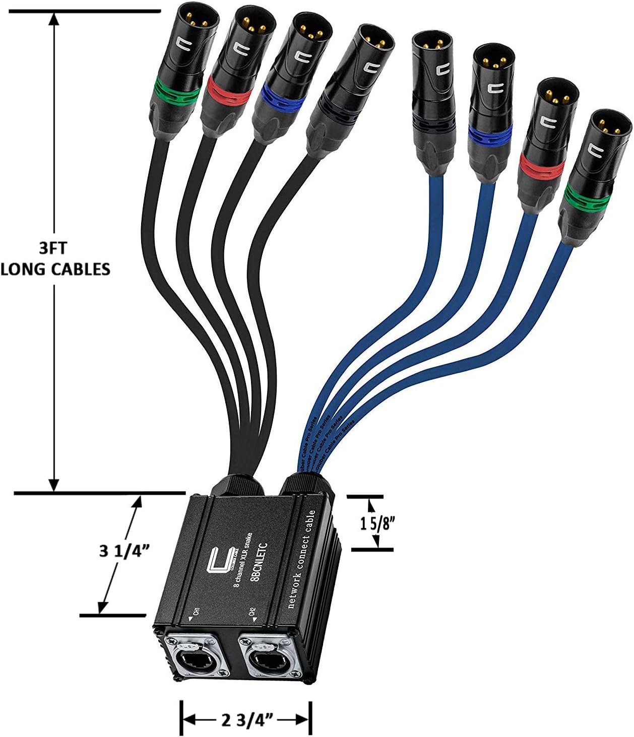 8 Channel 3-pin XLR Male to Ethercon Network Cable Adapter- Double 4 Channel Cat6 Multi Network Snake Receiver- for Live Stage, Home Studio Recording- AES, DMX Channels