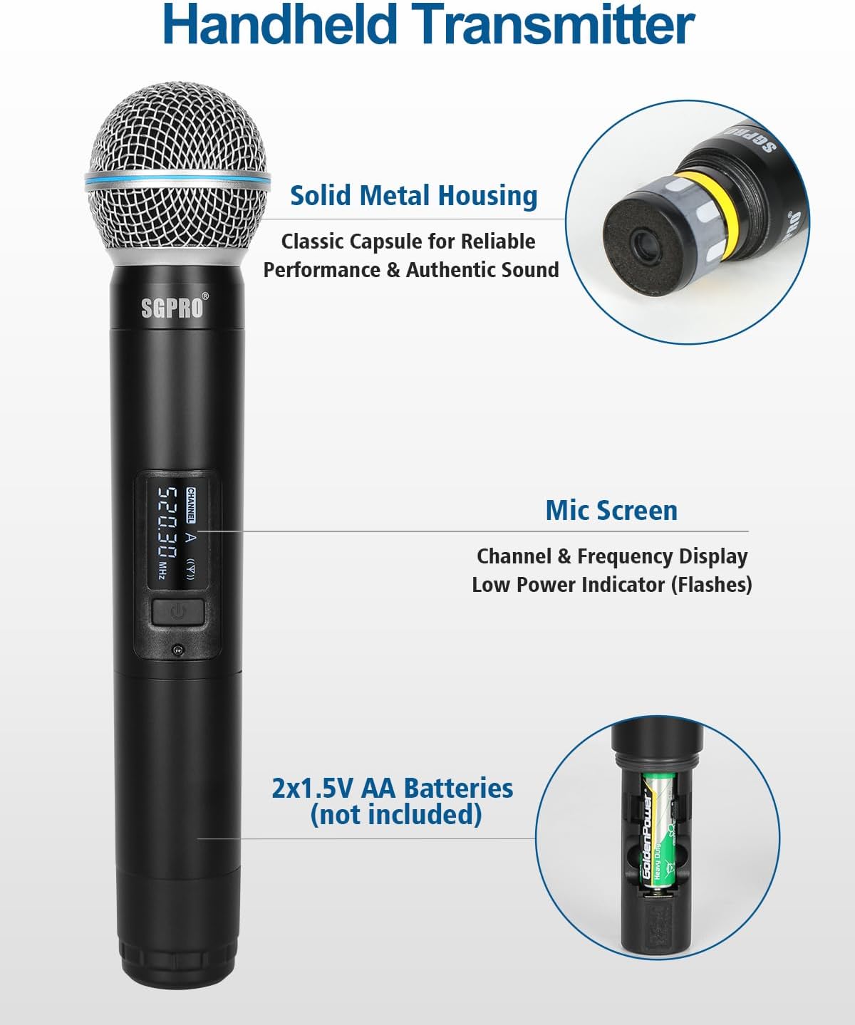 4-Channel Wireless Microphone System - 250Ft Range, Metal Mics & Receiver, Fixed Frequency, 2 Handheld & 2 Headset Configurations for Events & Live Performances (SG-400FHB)
