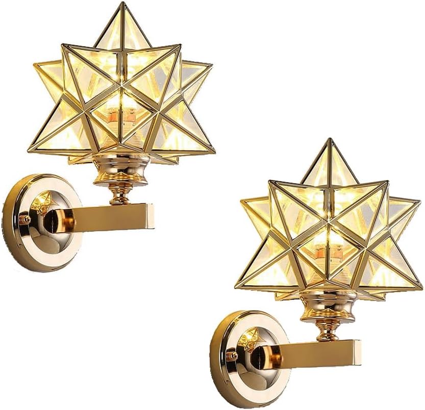 Moravian Star Wall Light Fixture, Gold Wall Sconces Set of 2 Modern Vanity Lighting Fixtures with Clear Shade, Indoor Metal Wall Mount Lamp for Living Room Bedroom Kitchen Hallway Mirror