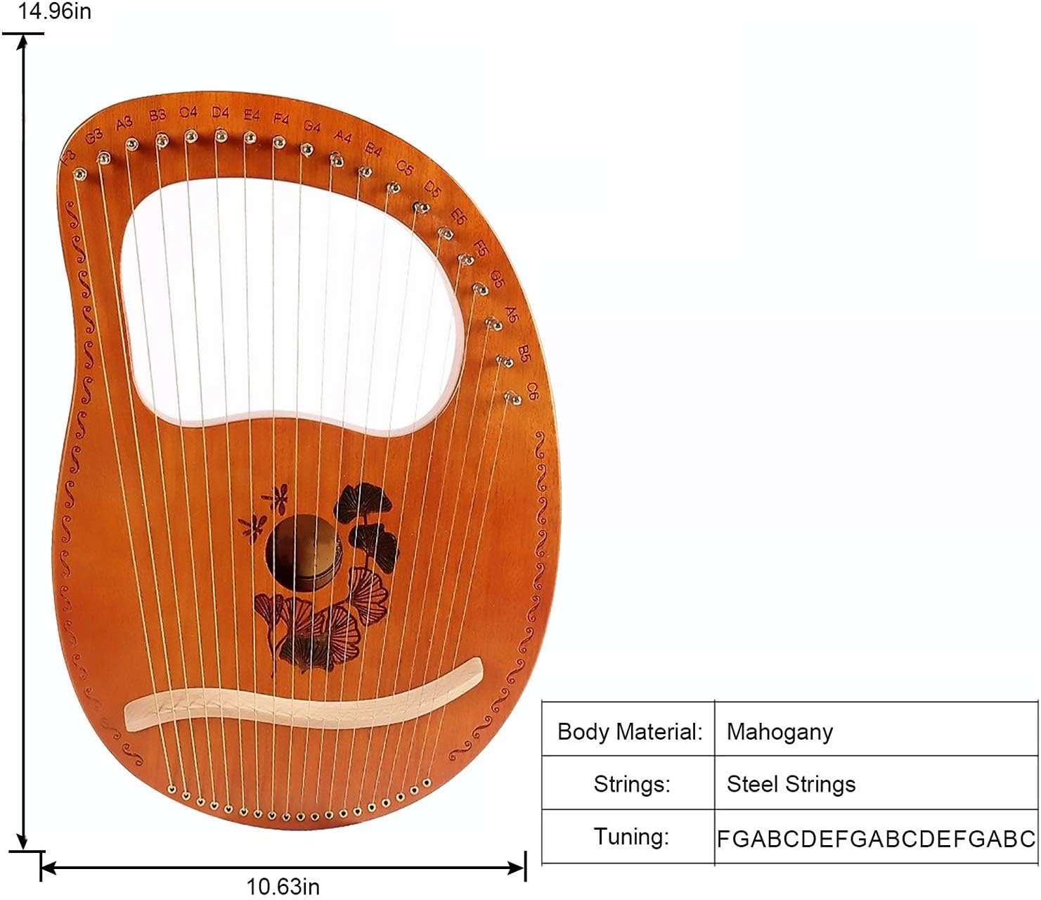 Lyre Harp 19 String Solid Wood String Instrument Heptachord Mahogany with Tuning Wrench, Picks and Bag, Best Gift for Beginners Music Lovers (Color : D)