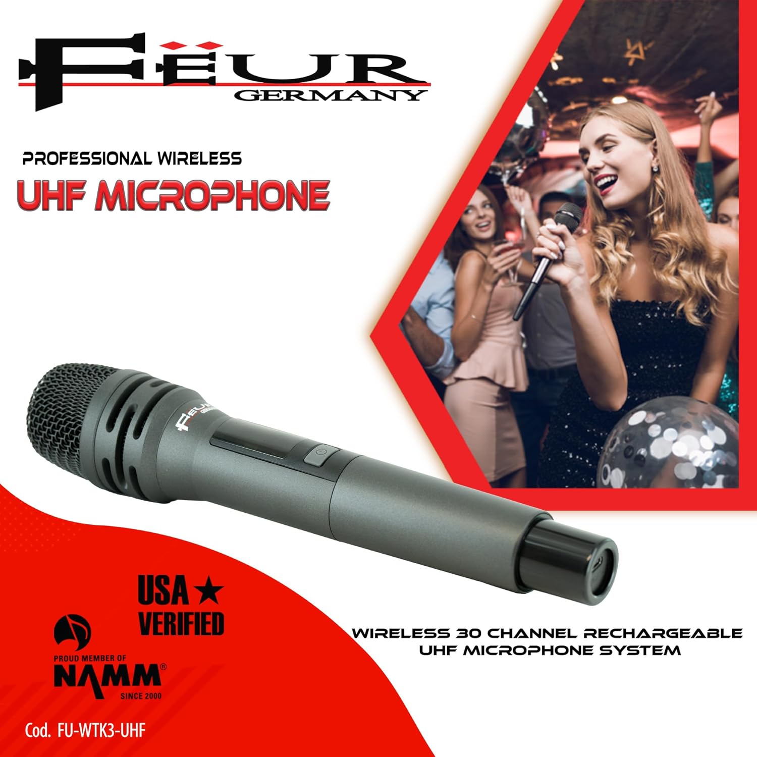 FEUR UHF Dynamic Wireless Microphone System - Wireless 30 Channel - Rechargeable Microphone System Ideal for Karaoke and Live Performances (FU-WTM30-UHF)