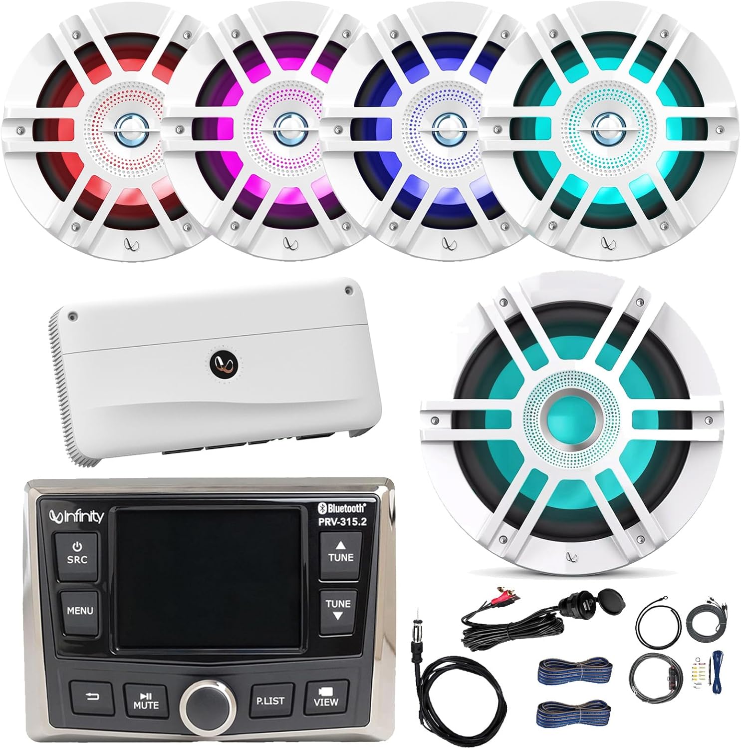 Infinity AM/FM/WB Tuner AUX USB Bluetooth Marine Digital Media Receiver, 4X 6.5 2-Way 225W Boat Speakers (White), 10