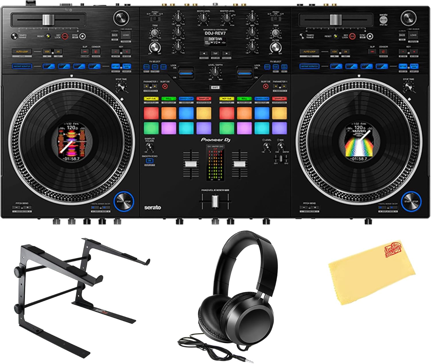 Pioneer DDJ-REV7 Scratch-Style 2-Channel Professional DJ Controller - Black Bundle with Laptop Stand, Headphones, and Austin Bazaar Polishing Cloth