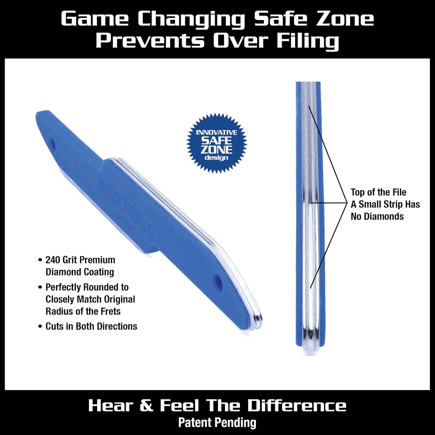 MusicNomad MN850 Diamond Coated, Safe Zone Guitar Fret Crowning File & Luthier Tool (S-File)