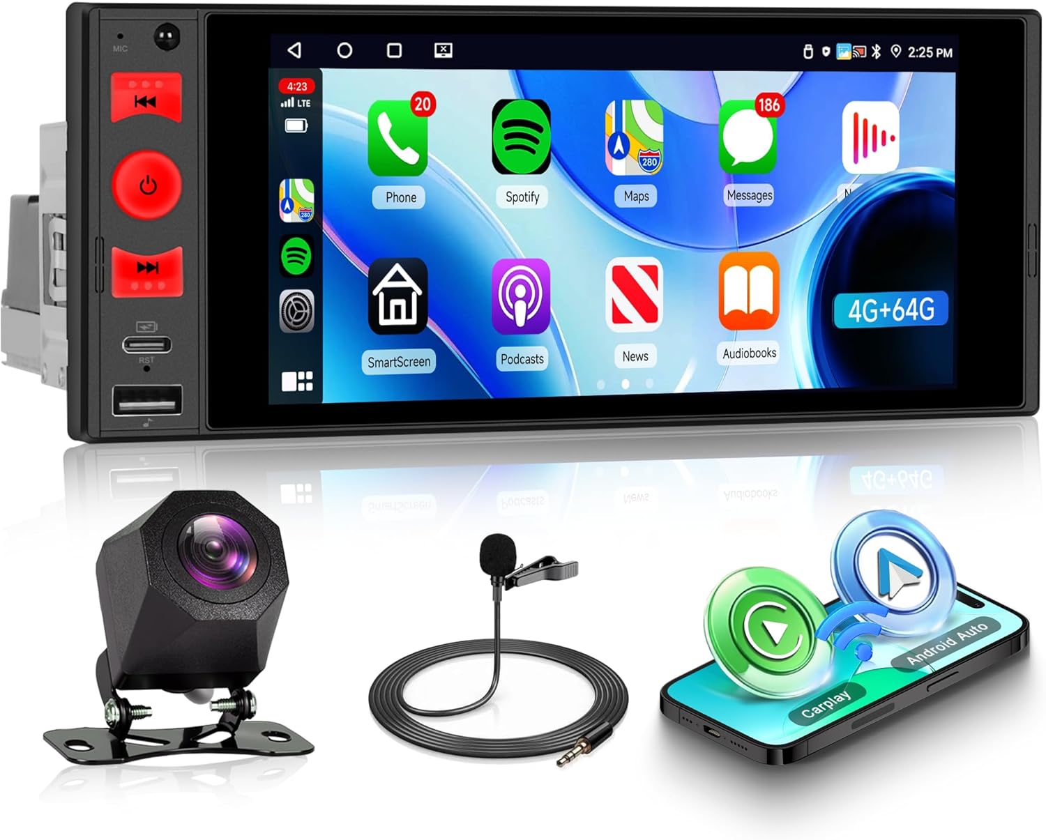 4G+64G Single Din Android Car Stereo with Wireless A-pple Carplay Android Auto, 6