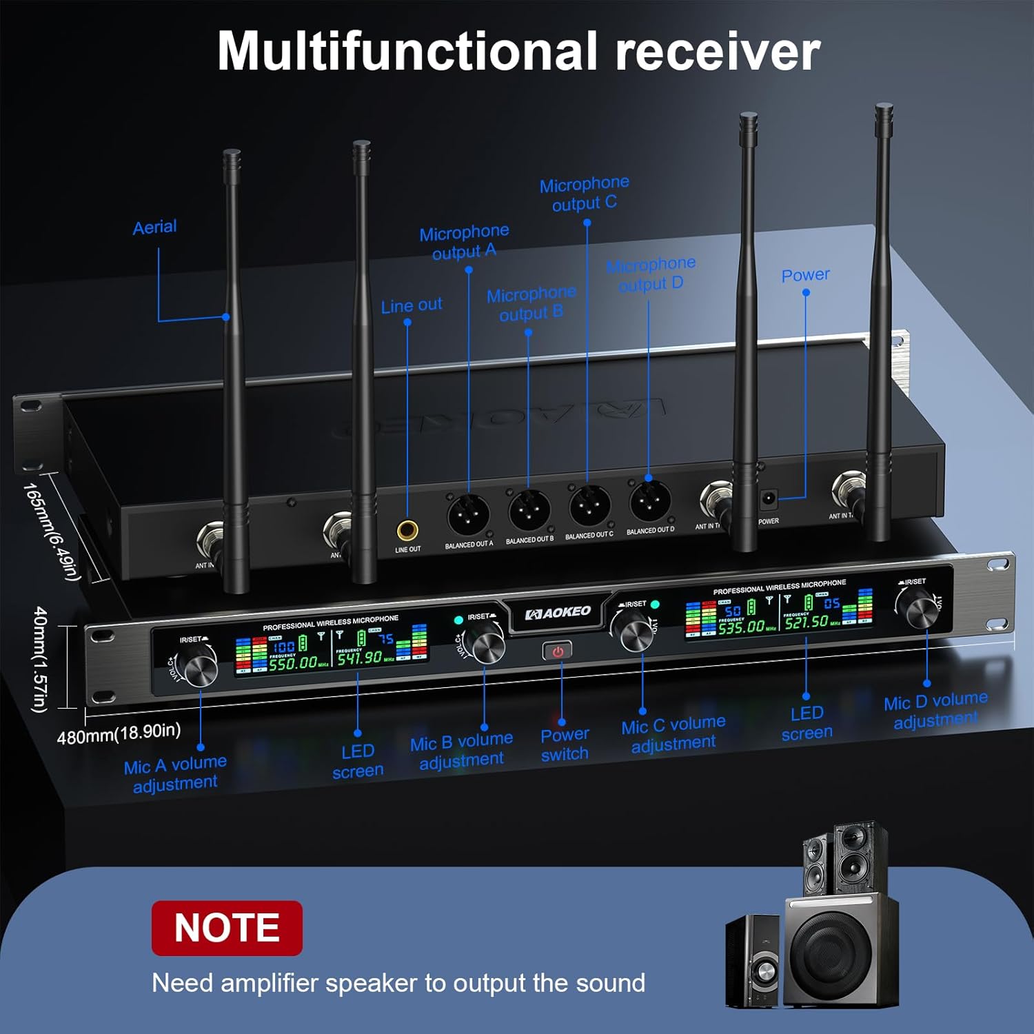 Aokeo Wireless Microphones System, 4 Channel UHF Wireless Mics,with 4 Handheld Dynamic Microphones,Metal Receiver for Karaoke,Singing,Wedding,Party,Speech