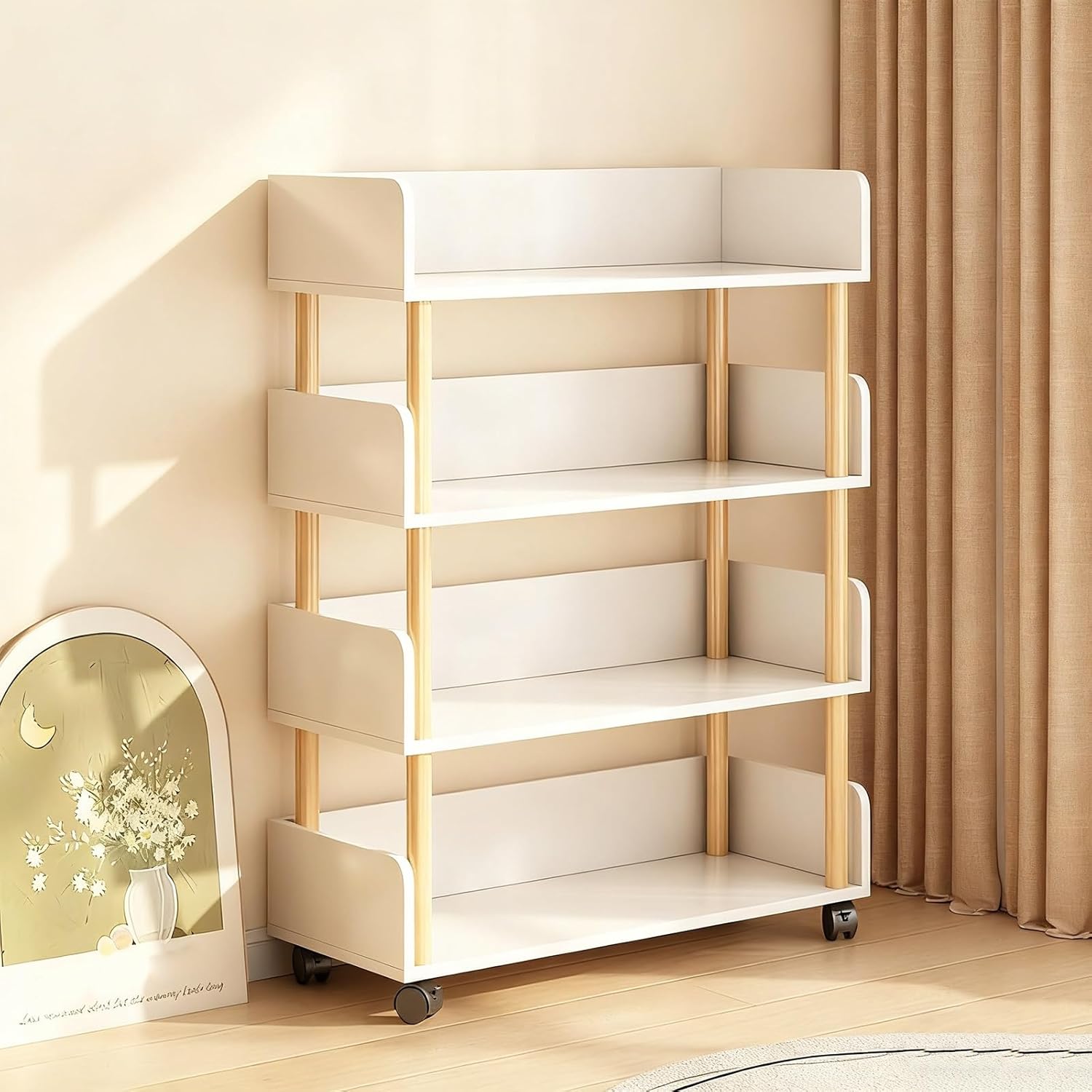 Rolling Book Cart with Wheels Mobile Bookshelf Modern Display Storage Shelf, Library Cart Storage Shelves for Small Space Corner Bedroom Office(White,60cm/23.6in)