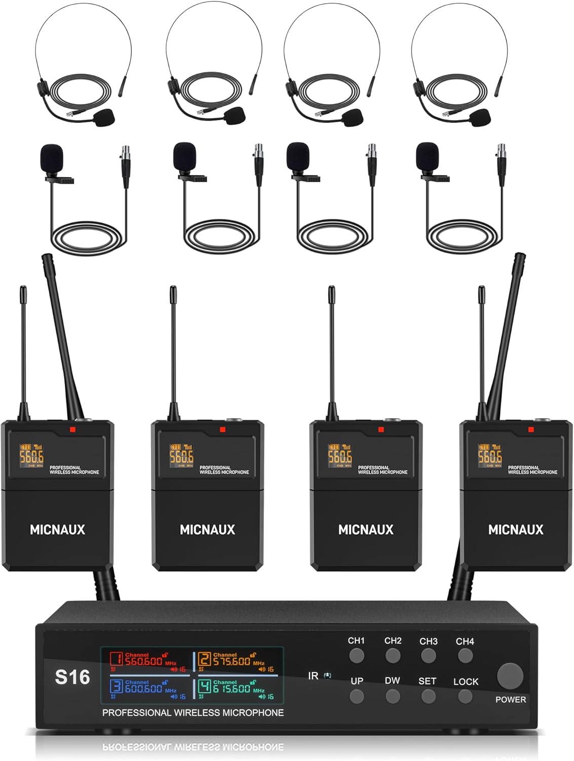 Lapel Wireless Microphone System with Headset & Lavalier Mics, Pro 4 Channel UHF Mics Set with Bodypack Transmitter & Metal Receiver, 200 Adjustable Frequency, 300ft Range for Church, Party