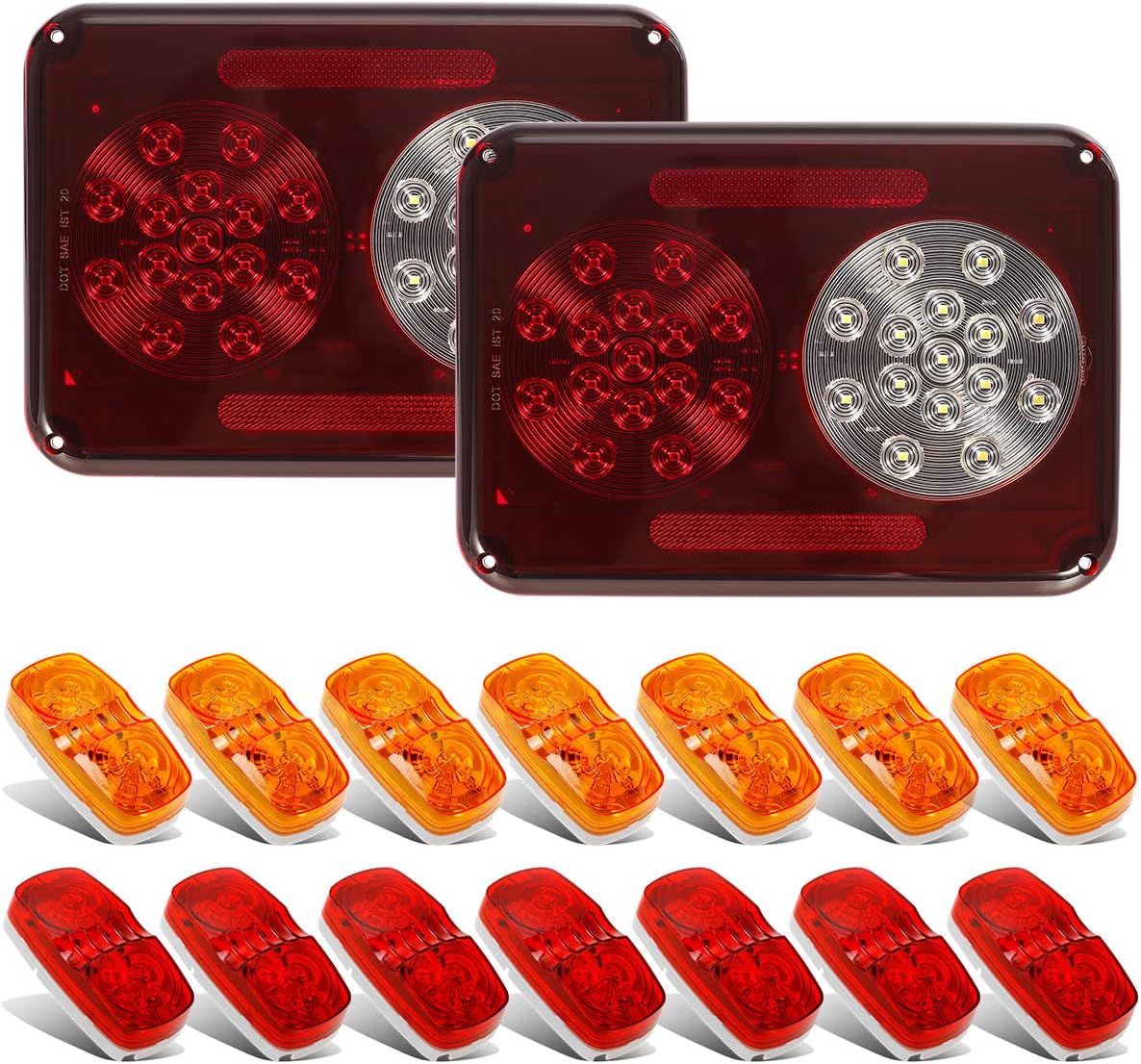Partsam RV Tail Lights Kit, 14Pcs Double Bullseye Led Marker Lights + 1Pc Rectangular Double LED Trailer Tail Light Red