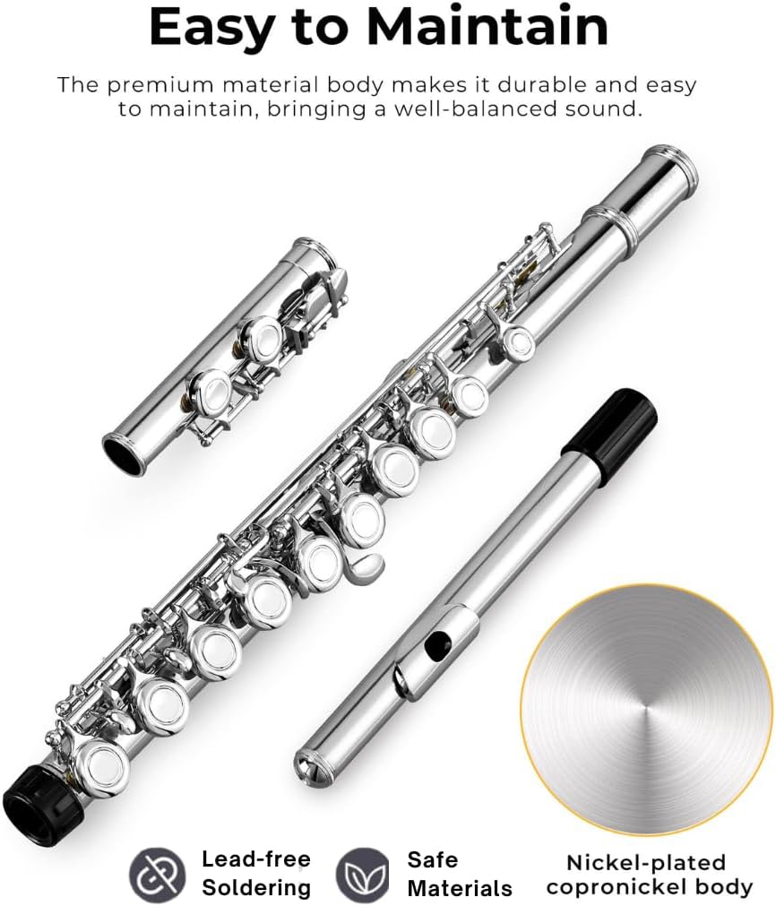 Nickel Plated Closed Hole Flute for Beginner Student and School Orchestra Band, 16 Keys C Flute with Carrying Case, Stand, Gloves, Cleaning Kit & Tuning Rod and More