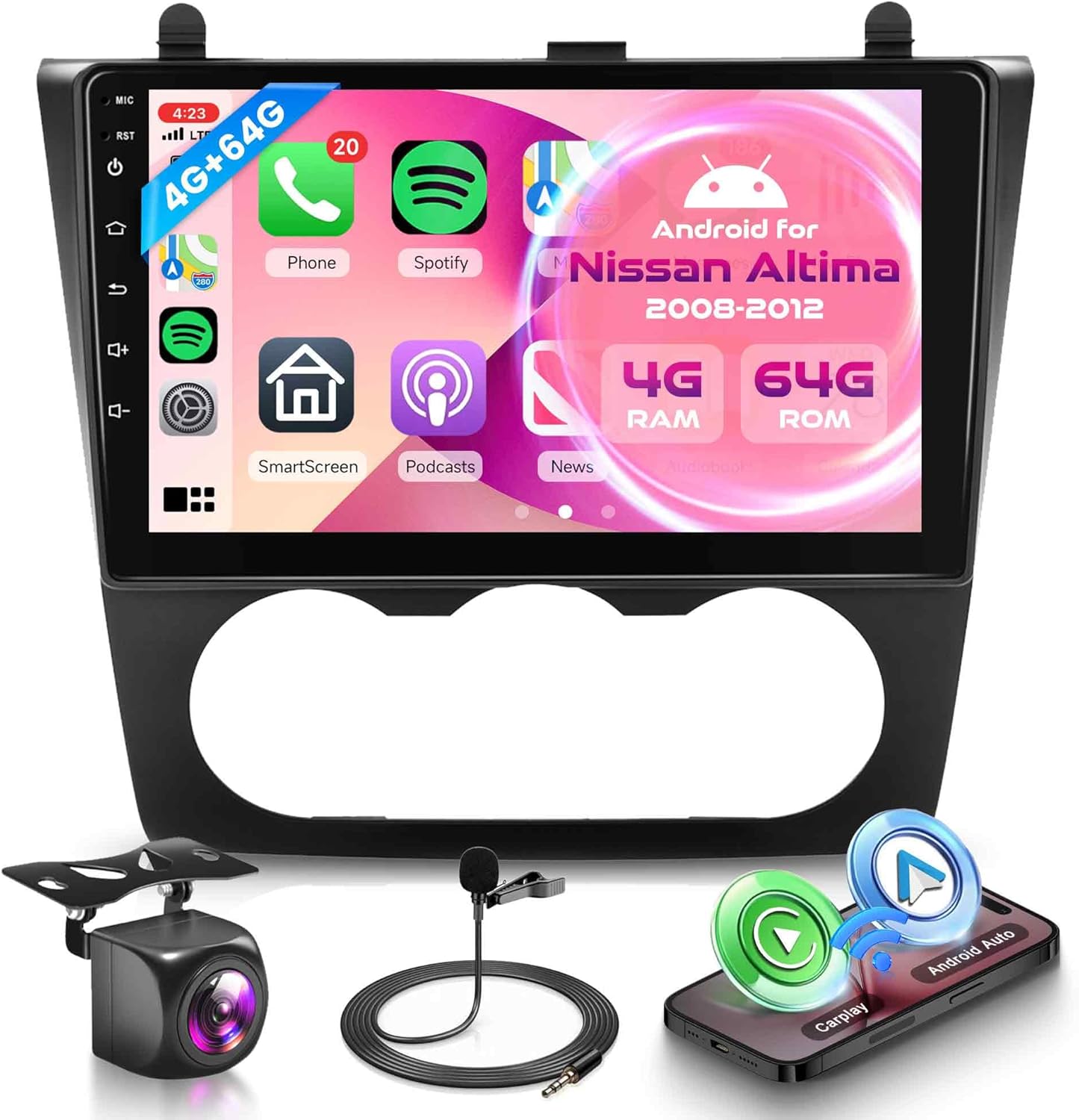 4Core 4G+64G Car Radio for Nissan Altima 2008 2009 2010 2011 2012 with Wireless CarPlay Android Auto,9