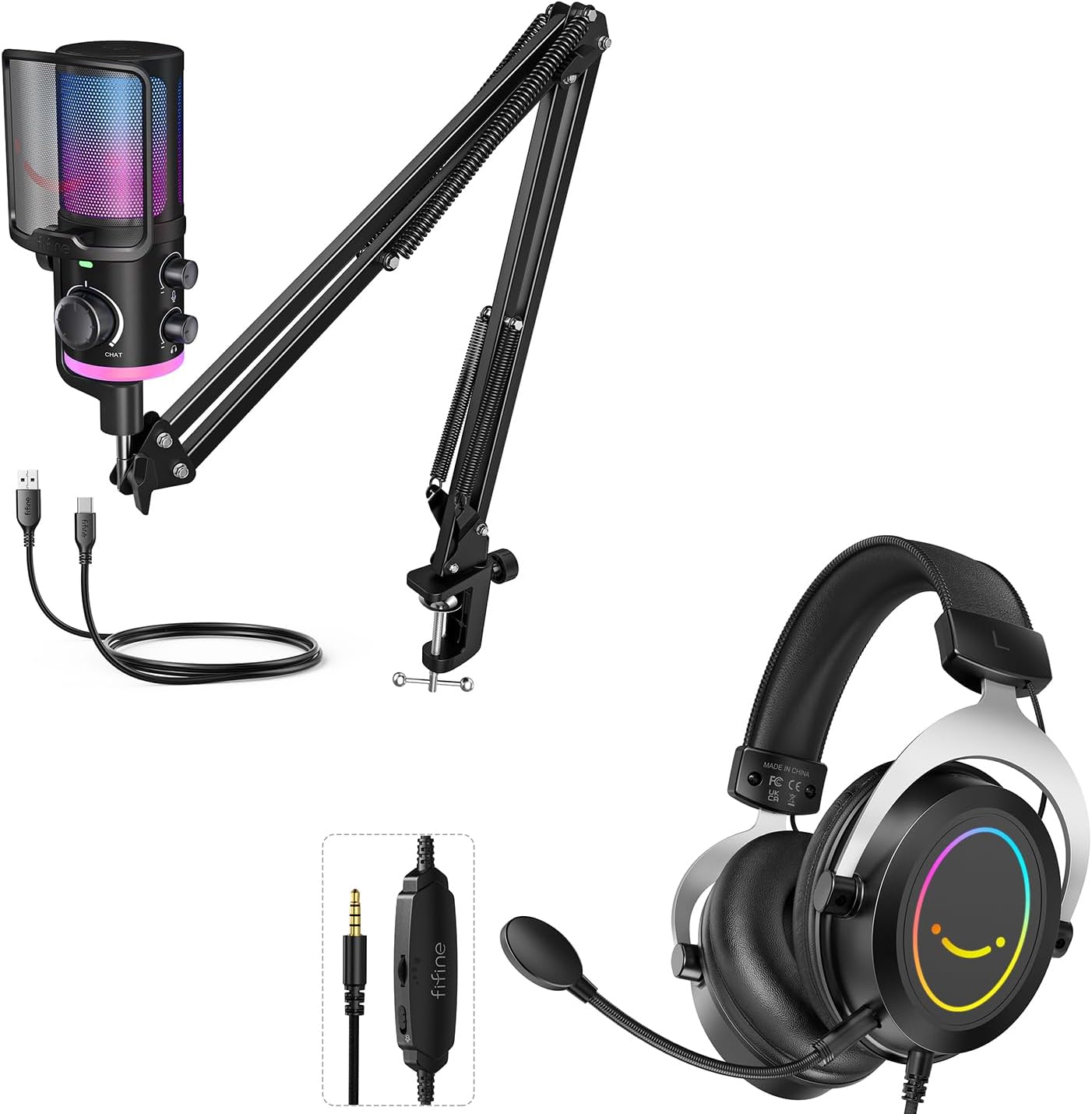 FIFINE USB Microphone with RGB Gaming Headset Bundle, Computer Condenser Mic Kit with Game/Chat Balance, 3.5mm Headphones Jack, Over-Ear Headphones for Streaming Podcast Recording Video (AM6T+H3)