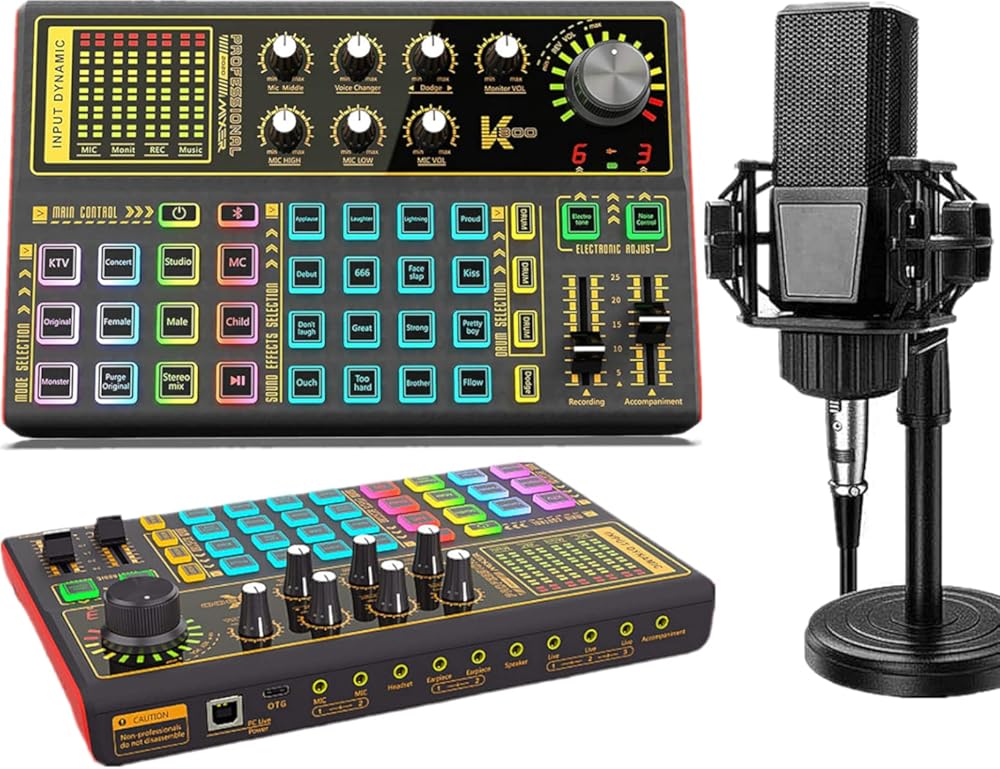 K300 Podcast Equipment Bundle, With Podcast Condenser Microphone, Voice Changer Sound Card with Multiple Sound Effects and LED Light, Prefect for Streaming/Podcasting/Gaming/Recording/YouTube/PC