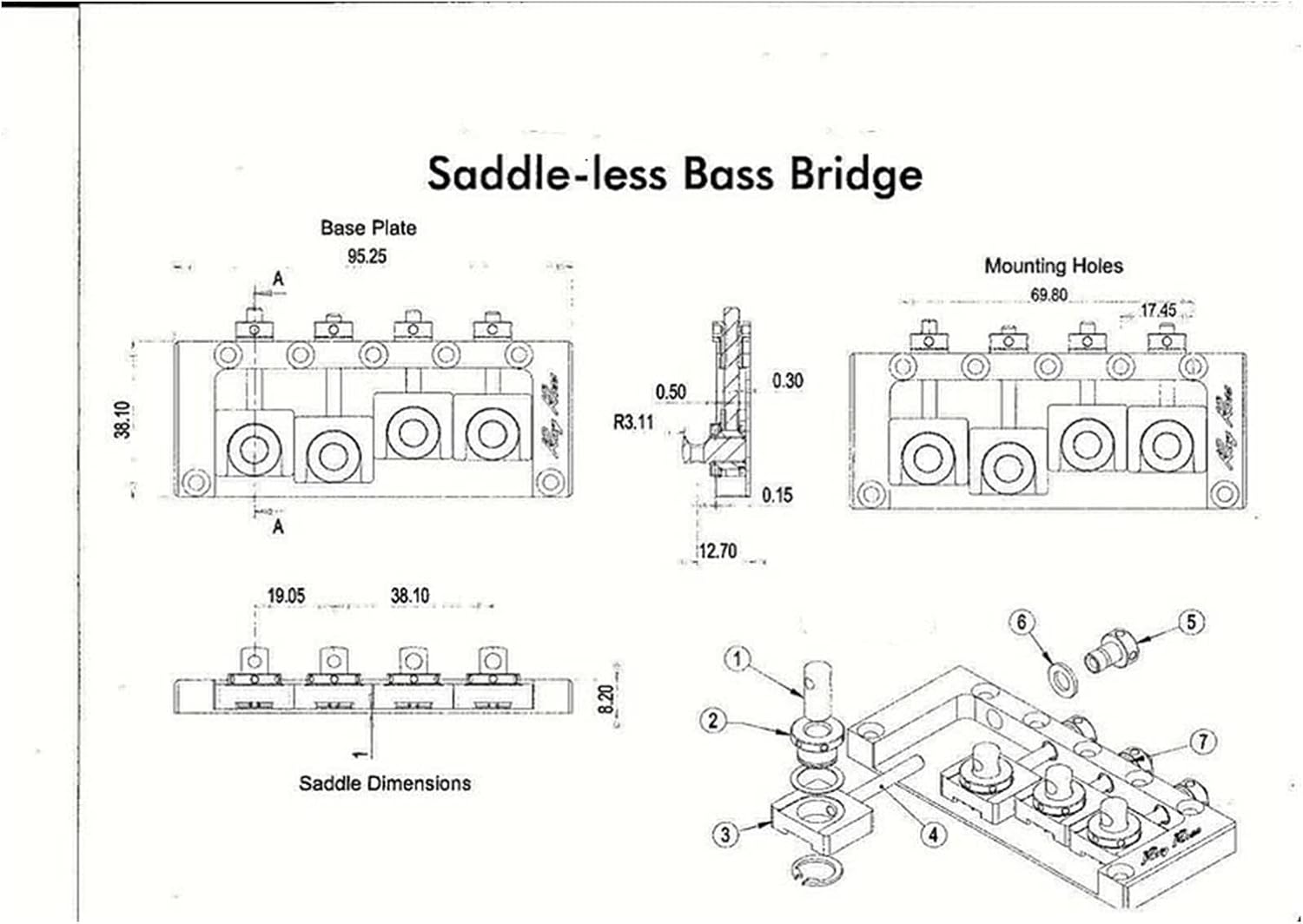 Black Saddle-Less 4 String Bass Bridge Electric Guitar Bridge