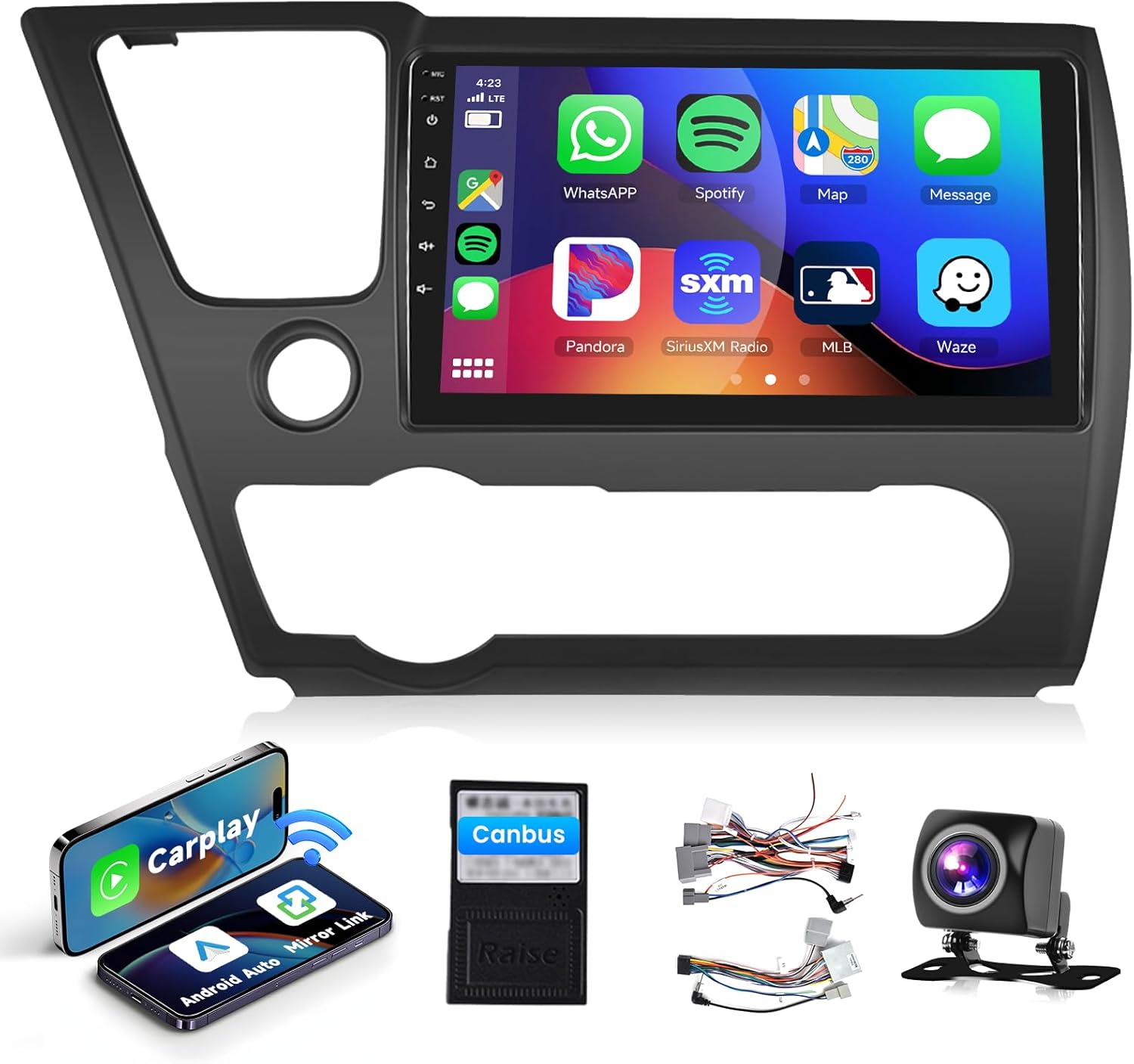 【DSP EQ】 Car Radio Stereo for Honda Civic 2013 2014 2015 2016 2017 with Wireless CarPlay/Android Auto/MirrorLink/9inch IPS Touch Screen/Bluetooth/GPS/WiFi/FM/RDS/AHD Backup Camera 2G+32G