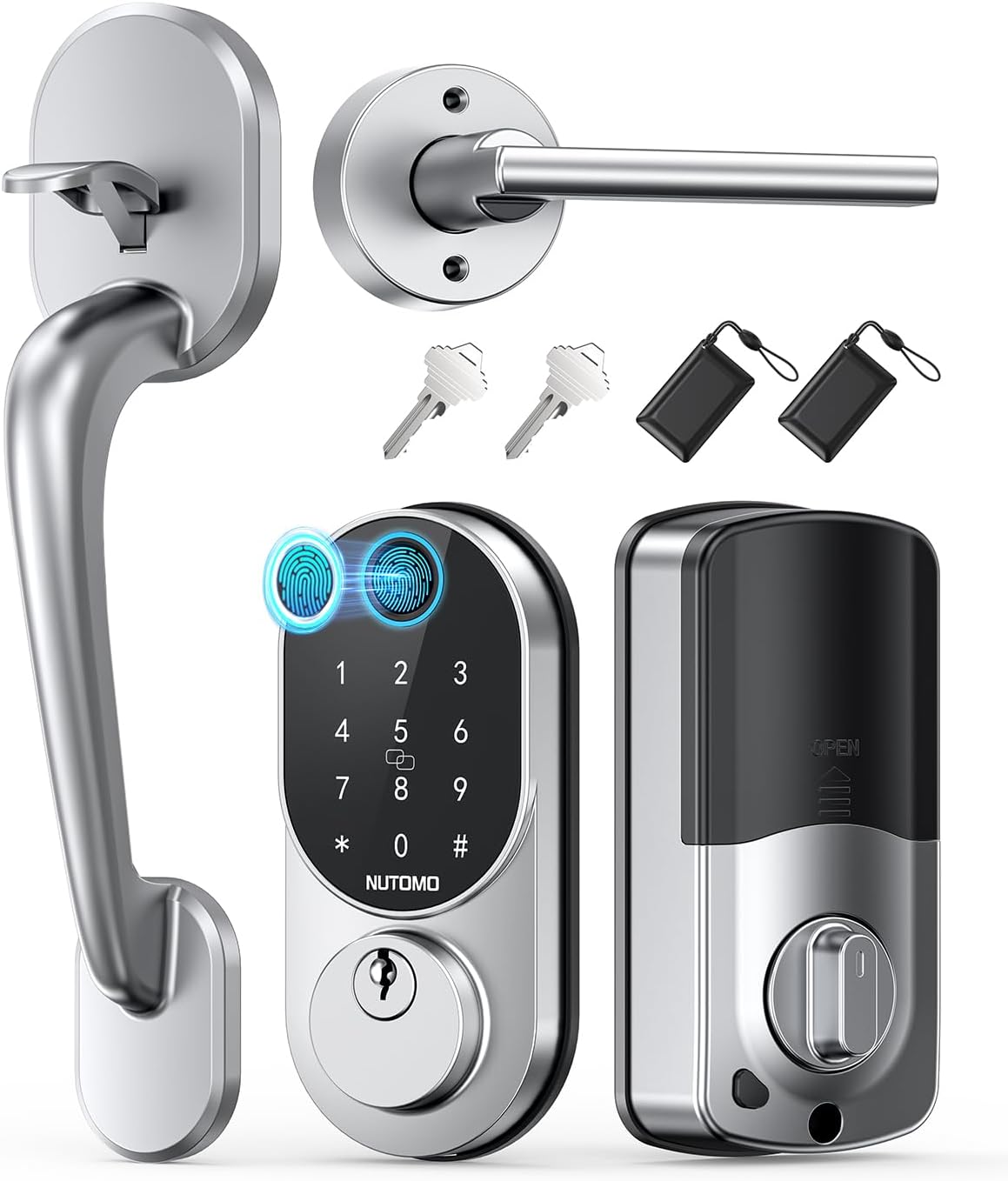 Keyless Entry Door Lock with Handle: NUTOMO Silver Fingerprint Door Lock Set,Smart Door Lock with Handle,Electronic Keypad Deadbolt for Front Door,Easy Installation Code Auto Lock for Home