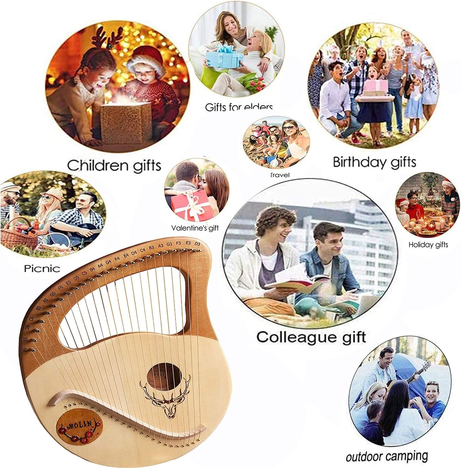 Lyre Harp 24 String Bone Saddle Lye Harp,Mahogany String Instrument with Tuning Wrench and Gig Bag for Music Lovers Beginners Children Adults Kids (Color : Yellow)