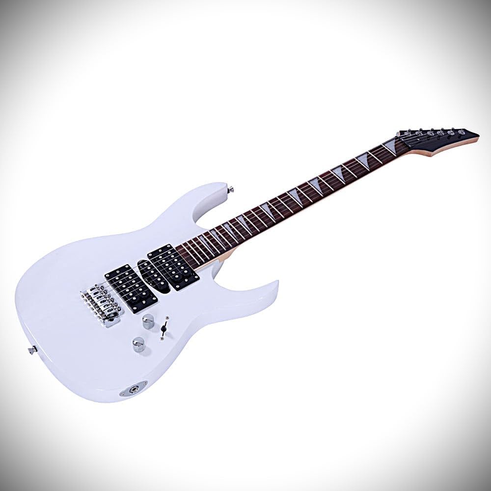 Dorill Full-Size Electric Guitar Package, White, 24-Fret Rosewood Fretboard, Maple Neck, Tremolo Bridge, with Gig Bag, Strap, Cable, Pick, Whammy Bar